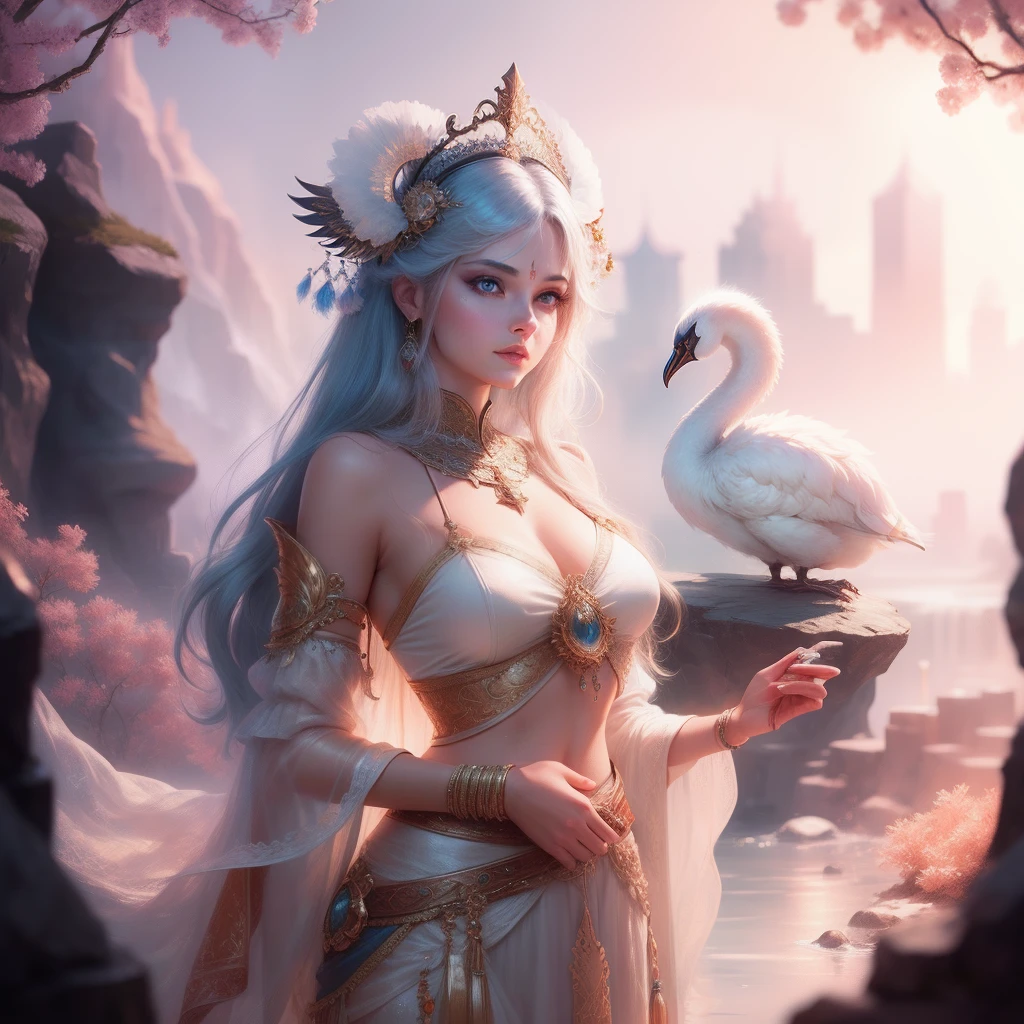 Fantasy art, full bodyesbian ,8K resolution, Extremely beautiful, Goddess , swans, sword, full bodyesbian, Swan princess Indian beauty