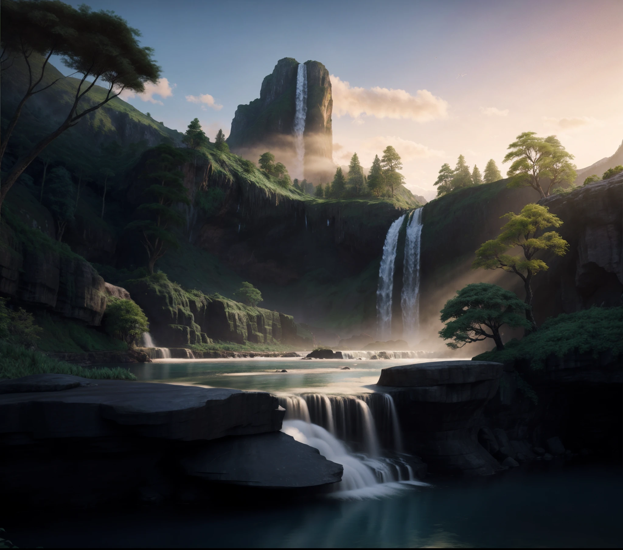 there is a waterfall in the middle of a mountain with a waterfall in the middle, 8 k resolution digital painting, 8k resolution digital painting, disney inspired landscape, ryan dyar, 3d rendered matte painting, inspired by Johannes Helgeson, illustration matte painting, ross tran. scenic background, 8k matte painting, 8 k matte painting, matte digital painting