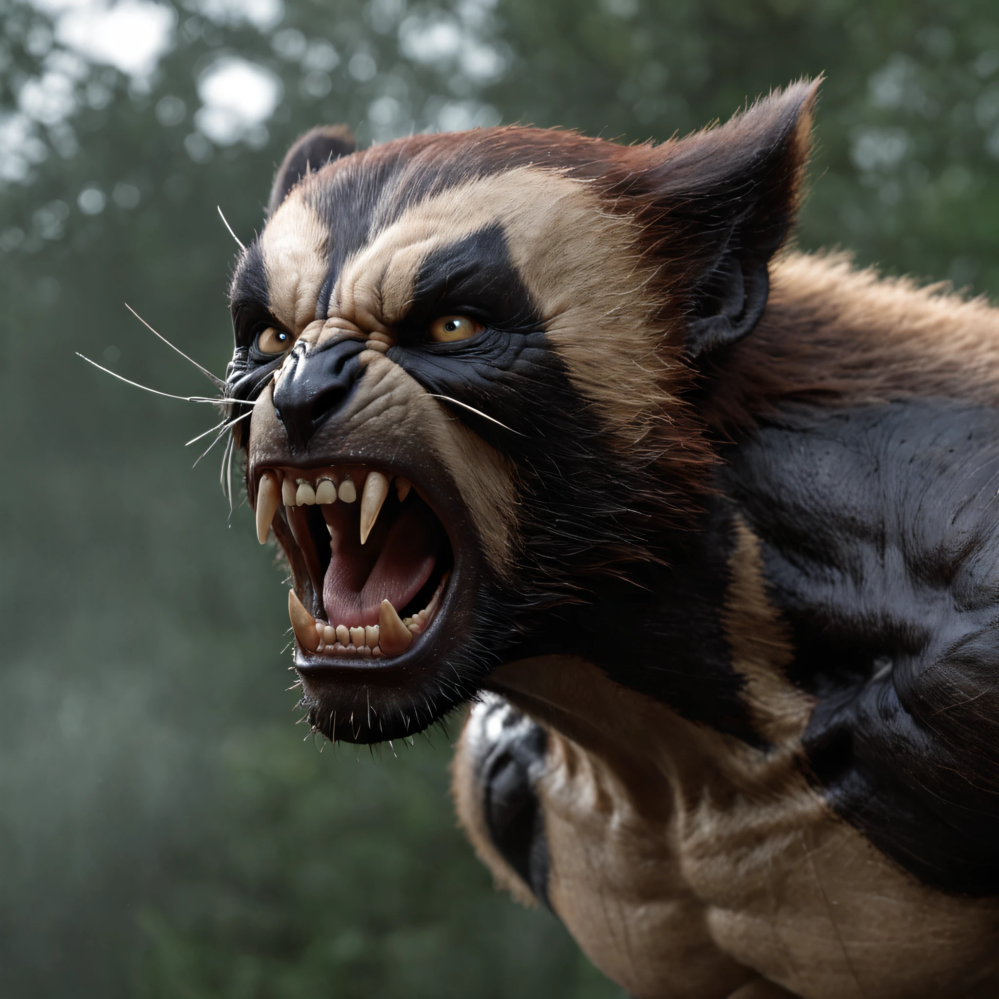 (Professional 3D rendering:1.3) de (Realistic:1.3) Foto de arte mais bonita do mundo，Wolverine heroi mutante agachado em meio a floresta tropical, A torrential rain falls on him, his claws are laid out, he looks ready to attack;.