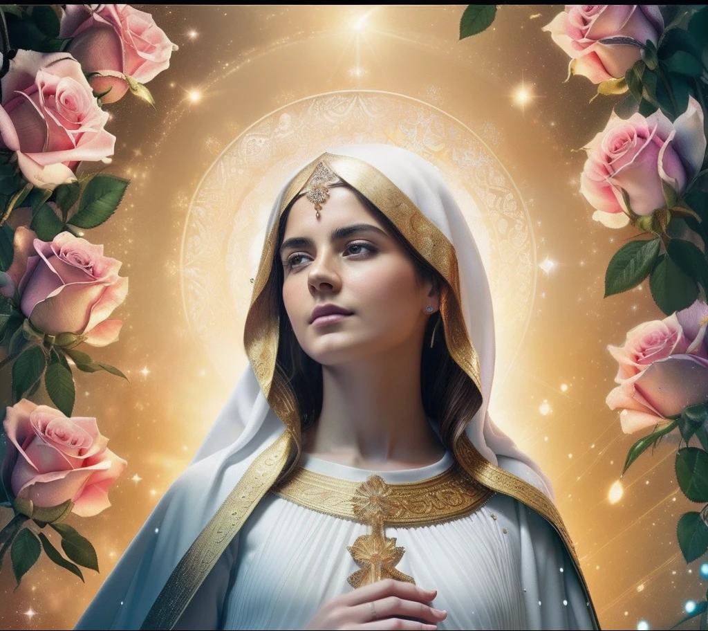 (((Holy VIRGIN MARY MYSTICAL ROSE. 19 years old))) ((( Con una cara seria y piadosa. Con una mirada dulce y tierna))) (obra maestra, calidad superior, mejor calidad, arte oficial, beautiful and aesthetic: 1.2), (1girl), extremadamente detallado, (Arte fractal: 1.3), colorido, highest detailed, Cara perfecta, parte superior del cuerpo, HDR, (orando: 1.3), (golden lines of white coat: 1.2), galaxia, (rayas de luz), eye-catching visuals, (dynamic stripes, senderos luminosos: 1.2), colores vibrantes,