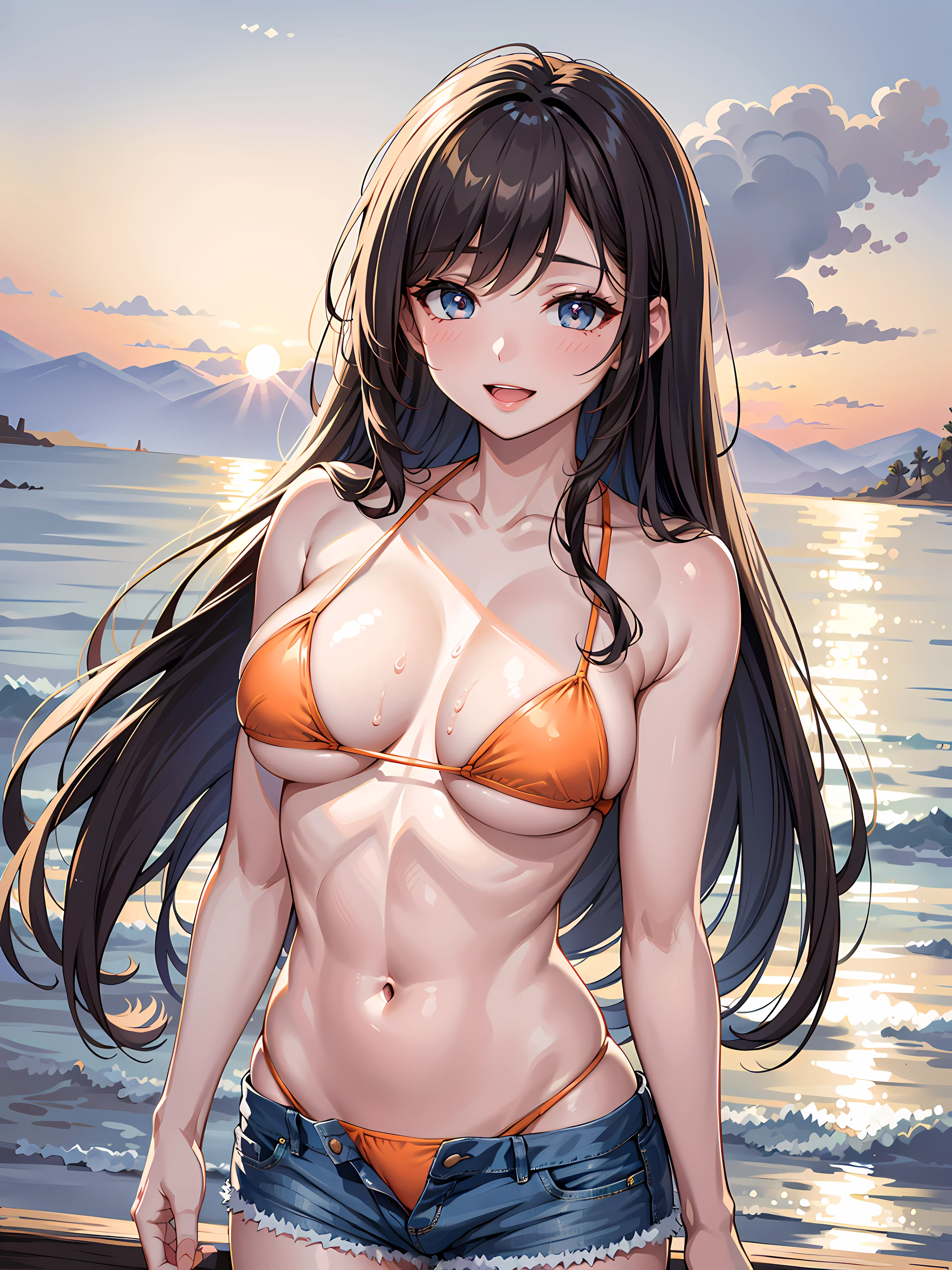 (1girl:1.3, solo), (Masterpiece, best quality, photorealistic, highres, photography, :1.3), ultra-detailed, sharp focus, professional photo, commercial photo, (upper body:1.3), (standing at blue ocean:1.3, in water), (((starring at the viewer:1.5))), BREAK, 1girl, solo, milf, European girl, hot model, (attractive model:1.37), (promotional model:1.2), highly detailed eyes and pupils, realistic skin, (attractive body, large breast:1.25, thin waist:1.15), thin hair, single braid hair, mahogany hair, extremely detailed hair, delicate sexy face, sensual gaze, shiny lips, BREAK, (orange bikini:1.3), (shorts:1.3), detailed clothes, BREAK, (outdoor, South California beach background, blurry background:1.25, simple background, no-human backgorund, detailed background), (under sunset:1.37), BREAK, (attractive posing), ((realistic, super realistic, realism, realistic detail)), perfect anatomy, perfect proportion, bokeh, depth of field, hyper sharp image, (attractive emotion, seductive smile:1.2, happy:1.2, blush:1.2, :d:1.2, :p:1.2), 4fingers and thumb, perfect human hands, wind,