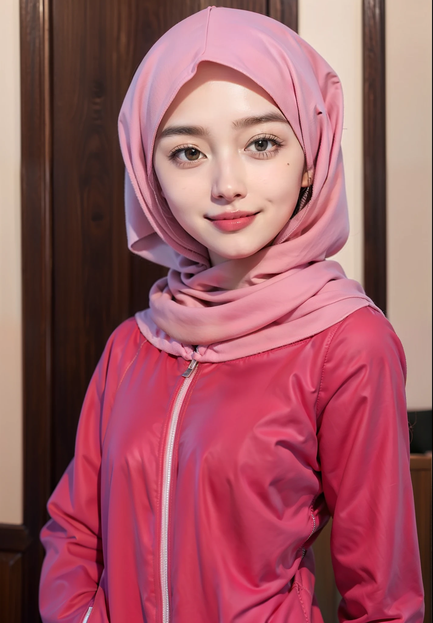 A close up of a woman wearing a pink jacket and a pink scarf - SeaArt AI