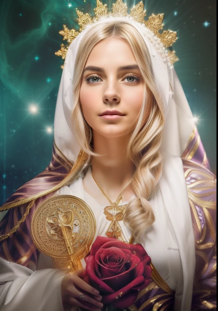 (((Holy VIRGIN MARY MYSTICAL ROSE. 19 years old))) ((( Con una cara seria y piadosa. Con una mirada dulce y tierna))) (obra maestra, calidad superior, mejor calidad, arte oficial, beautiful and aesthetic: 1.2), (1girl), extremadamente detallado, (Arte fractal: 1.3), colorido, highest detailed, Cara perfecta, parte superior del cuerpo, HDR, (orando: 1.3), (golden lines of white coat: 1.2), galaxia, (rayas de luz), eye-catching visuals, (dynamic stripes, senderos luminosos: 1.2), colores vibrantes,