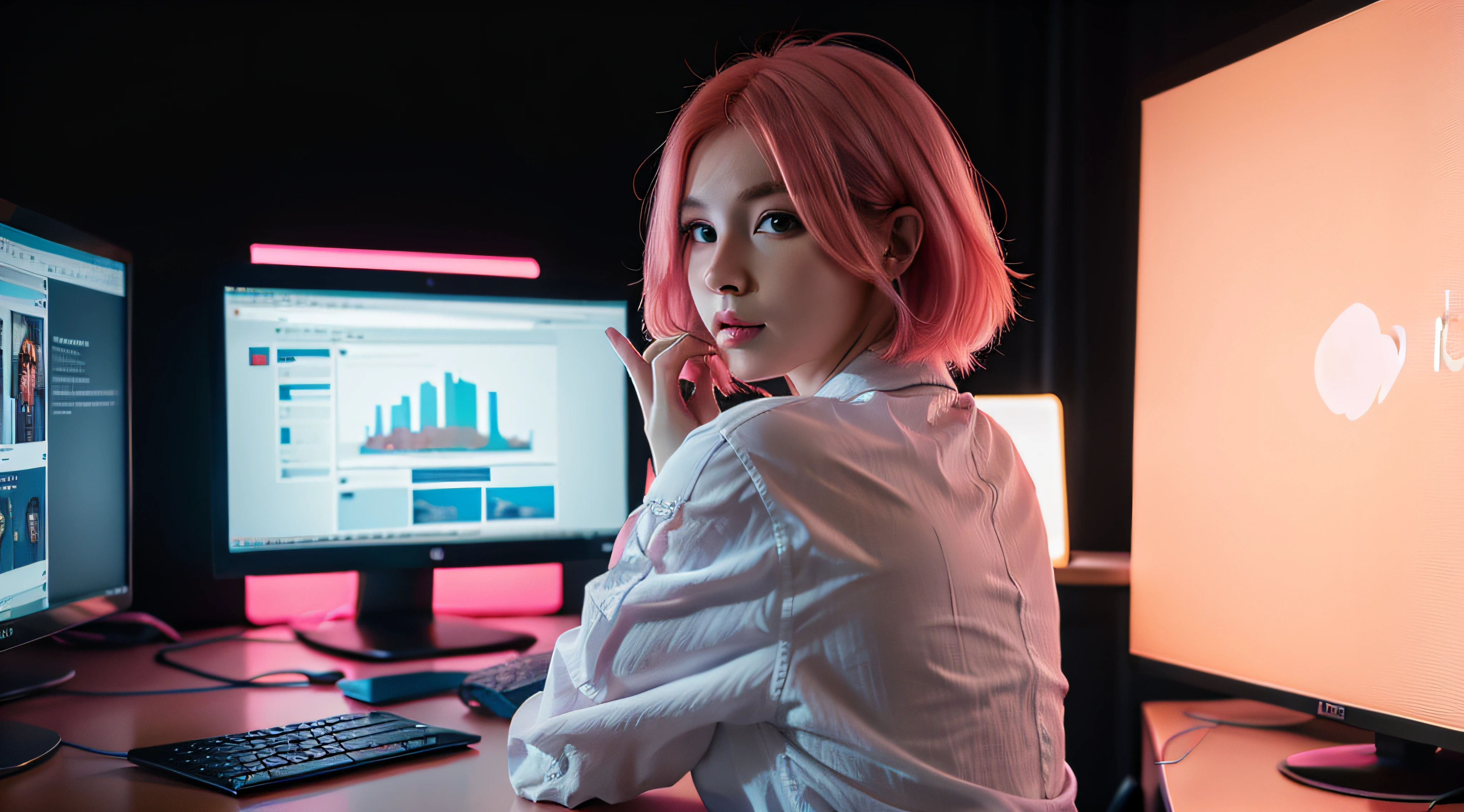 photo from back , holding money , freelancer , gamer , cute girl ,facing computer , looking at computer , thinking, with short pink hair, jovana rikalo, young business woman, with pink hair, high quality portrait , aleksandra waliszewska