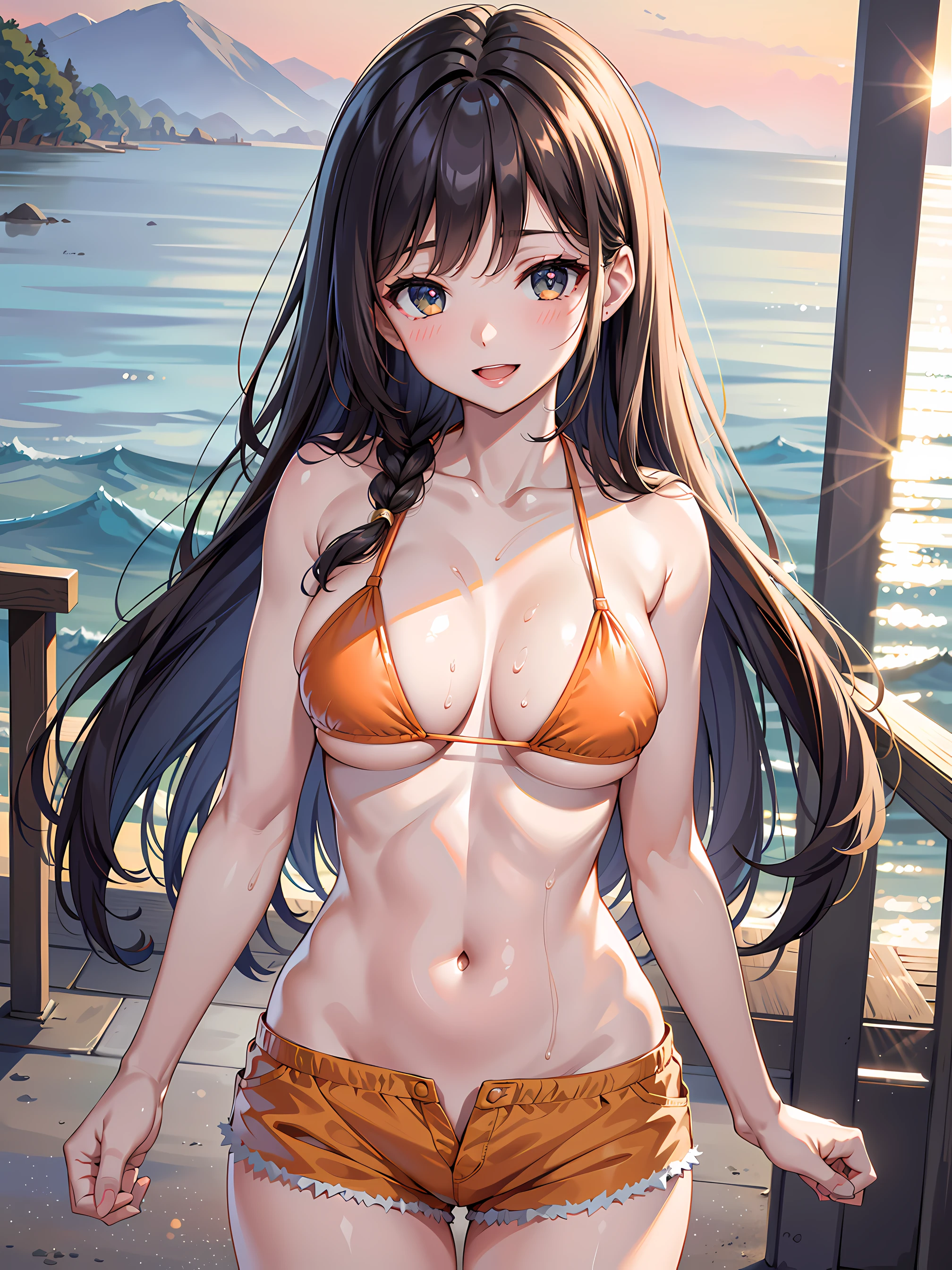 (1girl:1.3, solo), (Masterpiece, best quality, photorealistic, highres, photography, :1.3), ultra-detailed, sharp focus, professional photo, commercial photo, (upper body:1.3), (standing at blue ocean:1.3, in water), (((starring at the viewer:1.5))), BREAK, 1girl, solo, milf, European girl, hot model, (attractive model:1.37), (promotional model:1.2), highly detailed eyes and pupils, realistic skin, (attractive body, large breast:1.25, thin waist:1.15), thin hair, single braid hair, mahogany hair, extremely detailed hair, delicate sexy face, sensual gaze, shiny lips, BREAK, (orange bikini:1.3), (shorts:1.3), detailed clothes, BREAK, (outdoor, South California beach background, blurry background:1.25, simple background, no-human backgorund, detailed background), (under sunset:1.37), BREAK, (attractive posing), ((realistic, super realistic, realism, realistic detail)), perfect anatomy, perfect proportion, bokeh, depth of field, hyper sharp image, (attractive emotion, seductive smile:1.2, happy:1.2, blush:1.2, :d:1.2, :p:1.2), 4fingers and thumb, perfect human hands, wind,