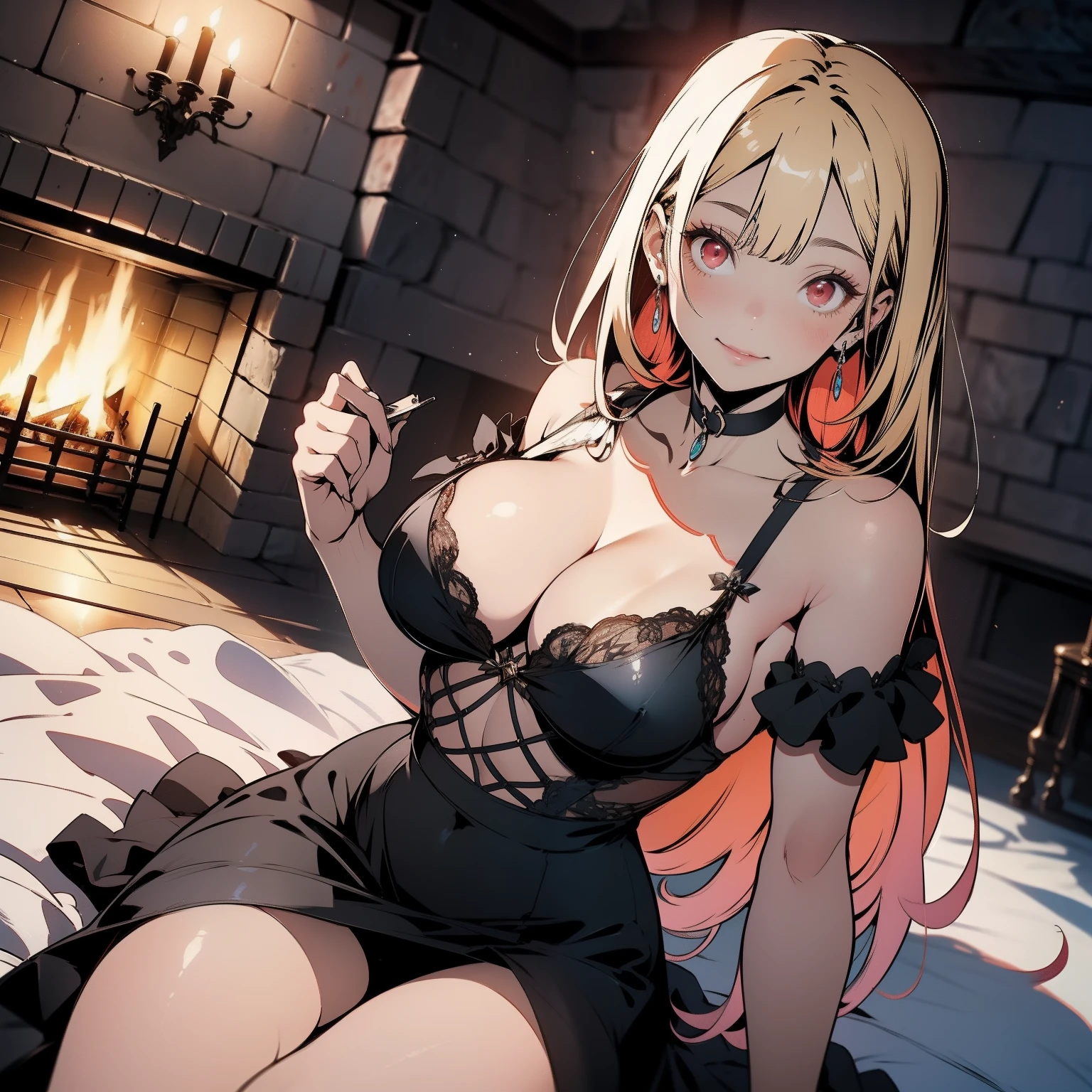 (antecedentes extremamente detalhados) (medium blond woman in a black dress sitting on a fireplace-top:1.3)(melhor qualidade),(mais alta qualidade), (obra-prima) , (ultra-detalhado) , marin kitagawa, blonde hair, choker, ear piercing, earrings, long hair, piercing, (red eyes:1.5), straight hair, swept bangs,, peitos enormes, big breasts, Your MILF skin is oily, olhar sedutor, sorriso sedutor, blush, blue skies, cabelo longo, lying down, olhando para o espectador,4k , 8k ,