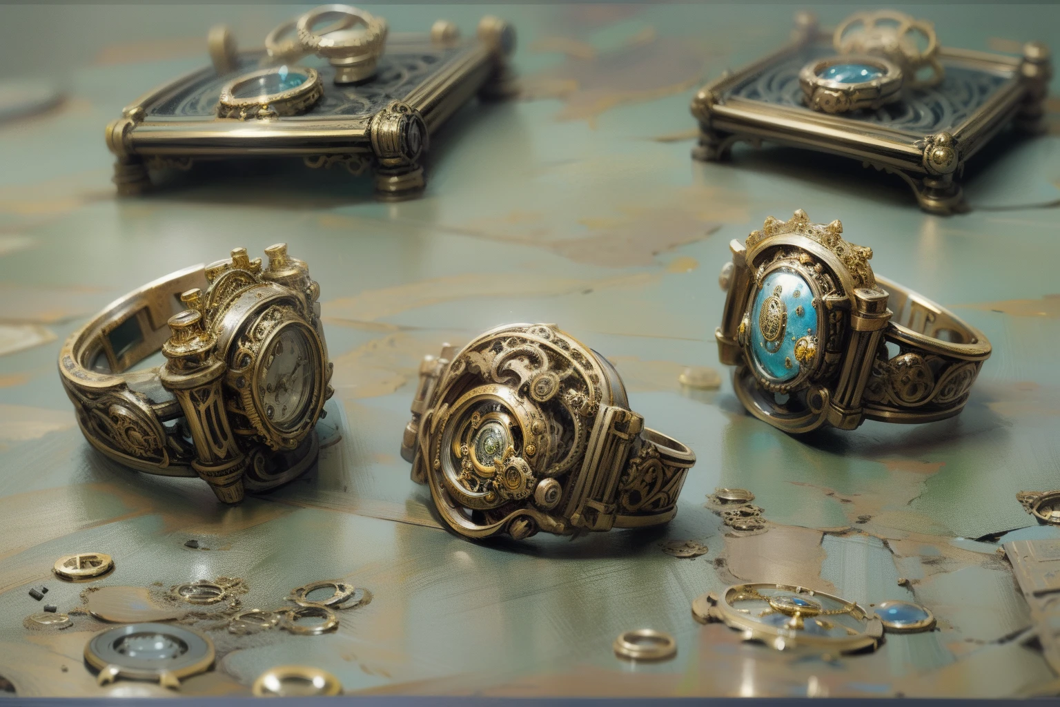 focus hand, back of hand is on the table, the room of steampunk, labyrinth ring, filigree ring, glowing clock_punk_finger_rings, (depicting the highest quality:1.2), highest resolution, extremely detail, masterpiece, steampunk style.