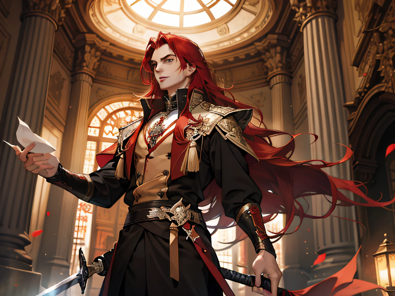 a handsome,Red long-haired,Hold a sword in hand