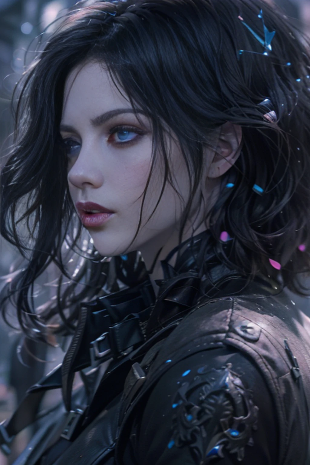 Mulher bonita que lembra《O Bruxo》Yennefer em ，Long black hair and violet eyes as bright as constellations, tmasterpiece, hiper qualidade, 8k, Her hair fell over her shoulders, The background is a cemetery, Ela usava terno preto e gravata.....