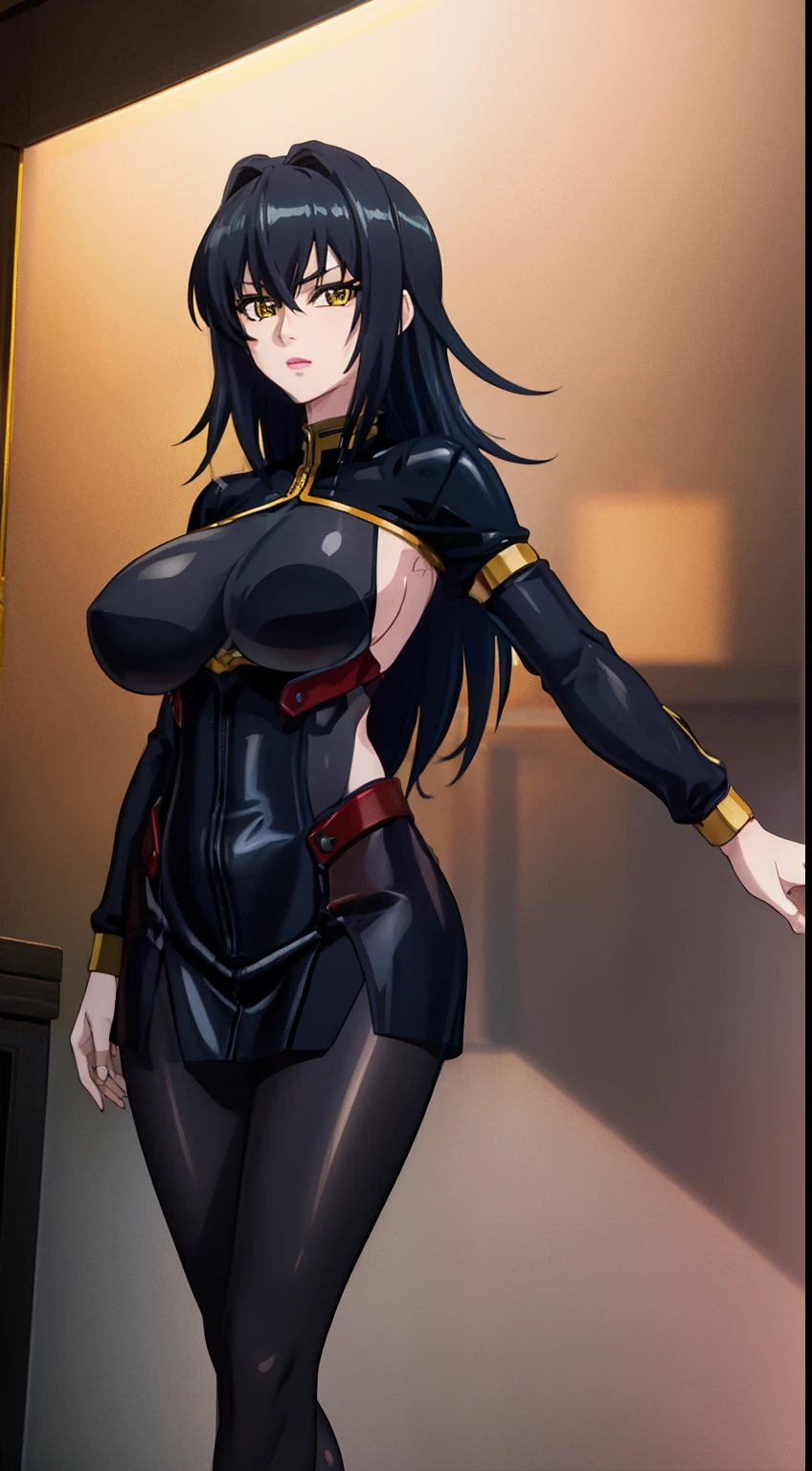 professional artwork, Intricate Details, exquisite details, sharp focus, detailed painting, photorealistic lighting, trending on pixiv, Standing at attention, ((black outfit ,yellow collared shirt,black and red bodysuit,skin_tight,black legwear, black pantyhose, Side_boob)), (((fully suited:1.5))) black hair,very long hair, Bangs,yellow eyes,makeup, lipstick, 40yo,mature female,Beautiful Finger,Beautiful long legs,Beautiful body,Beautiful Nose,Beautiful character design, perfect eyes detail, perfect face, looking at viewer,official art,extremely detailed CG unity, perfect lighting,Colorful, Bright_Front_face_Lighting, (masterpiece:1.0),(best_quality:1.0), ultra high res,ultra-detailed, photography, 8K, HDR, highres, absurdres:1.2, Kodak portra 400, film grain, blurry background, bokeh:1.2, lens flare, (vibrant_color:1.2) (Beautiful,large_Breasts:1.4), (beautiful_face:1.5),(narrow_waist), (solo:1.4), ((close-up shot:1.4)), annerose:1, (seductive, pretty, kuudere:1),