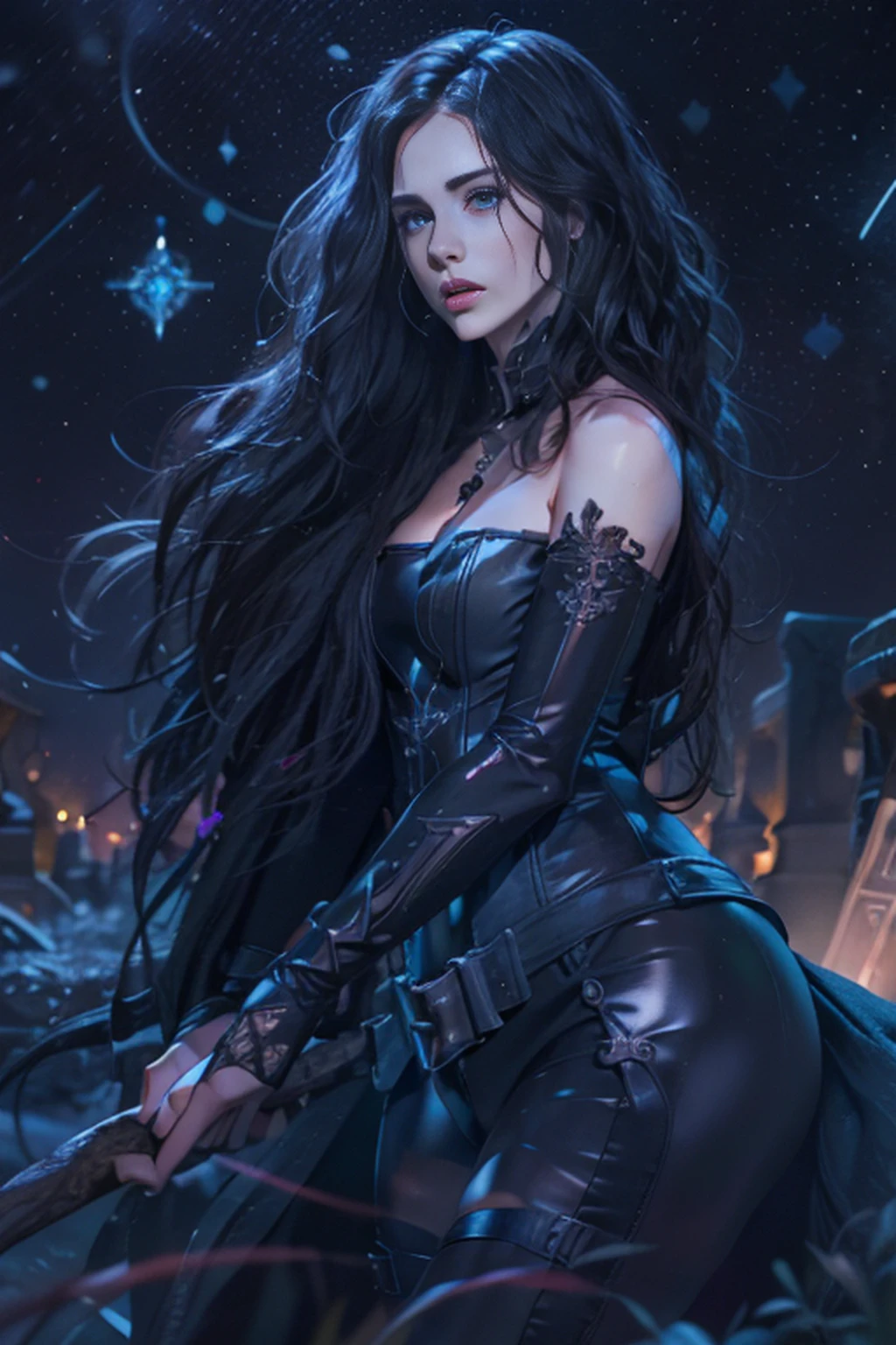 Mulher bonita que lembra《O Bruxo》Yennefer em ，Long black hair and violet eyes as bright as constellations, tmasterpiece, hiper qualidade, 8k, Her hair fell over her shoulders, The background is a cemetery, Ela usava terno preto e gravata.....