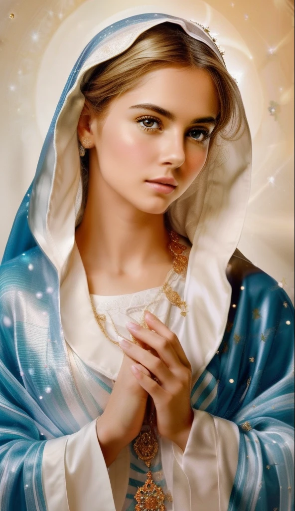 (((Holy VIRGIN MARY MYSTICAL ROSE. 19 years old))) ((( Con una cara seria y piadosa. Con una mirada dulce y tierna))) (obra maestra, calidad superior, mejor calidad, arte oficial, beautiful and aesthetic: 1.2), (1girl), extremadamente detallado, (Arte fractal: 1.3), colorido, highest detailed, Cara perfecta, parte superior del cuerpo, HDR, (orando: 1.3), (golden lines of white coat: 1.2), galaxia, (rayas de luz), eye-catching visuals, (dynamic stripes, senderos luminosos: 1.2), colores vibrantes,