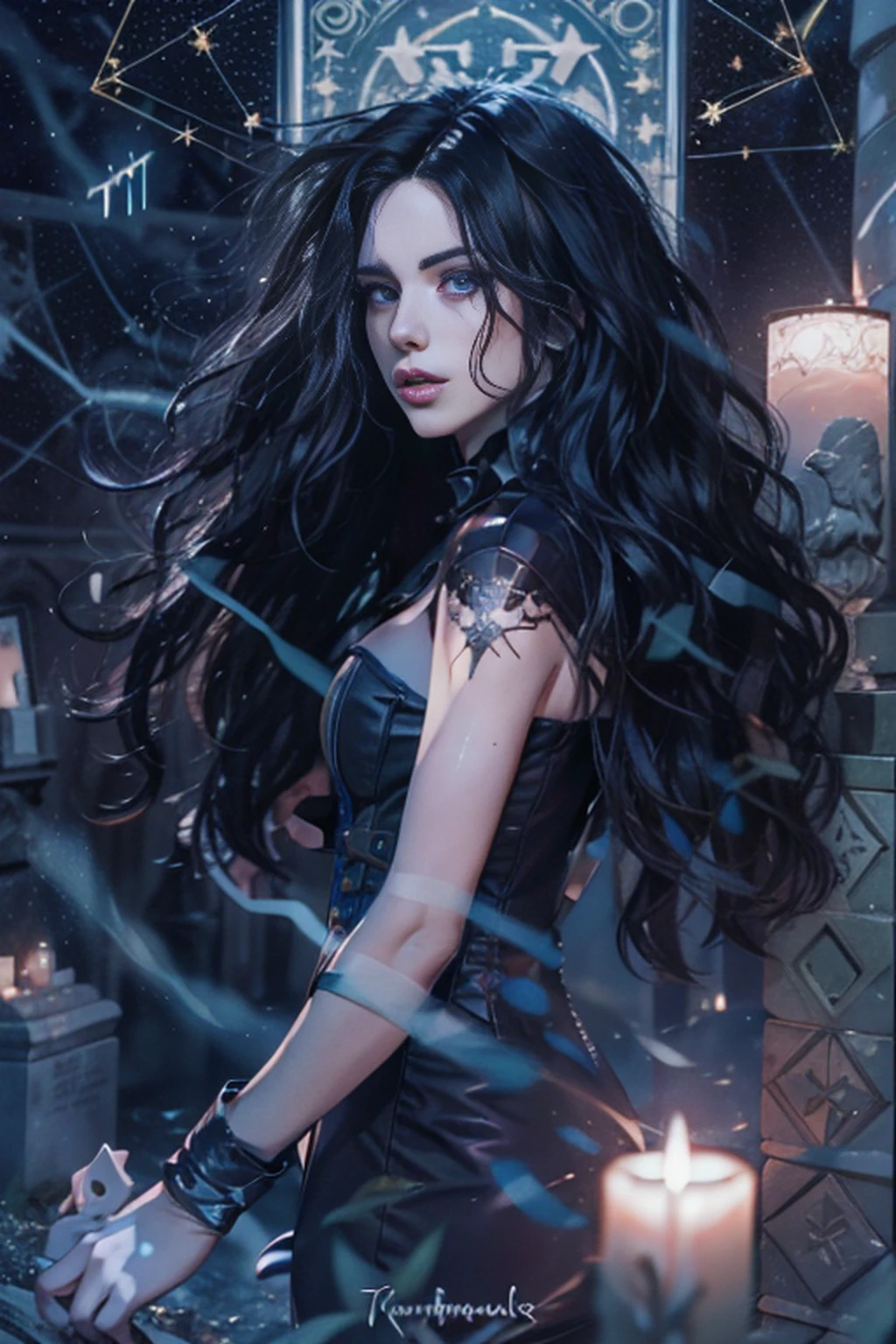 Mulher bonita que lembra《O Bruxo》Yennefer em ，Long black hair and violet eyes as bright as constellations, tmasterpiece, hiper qualidade, 8k, Her hair fell over her shoulders, The background is a cemetery, Ela usava terno preto e gravata.....