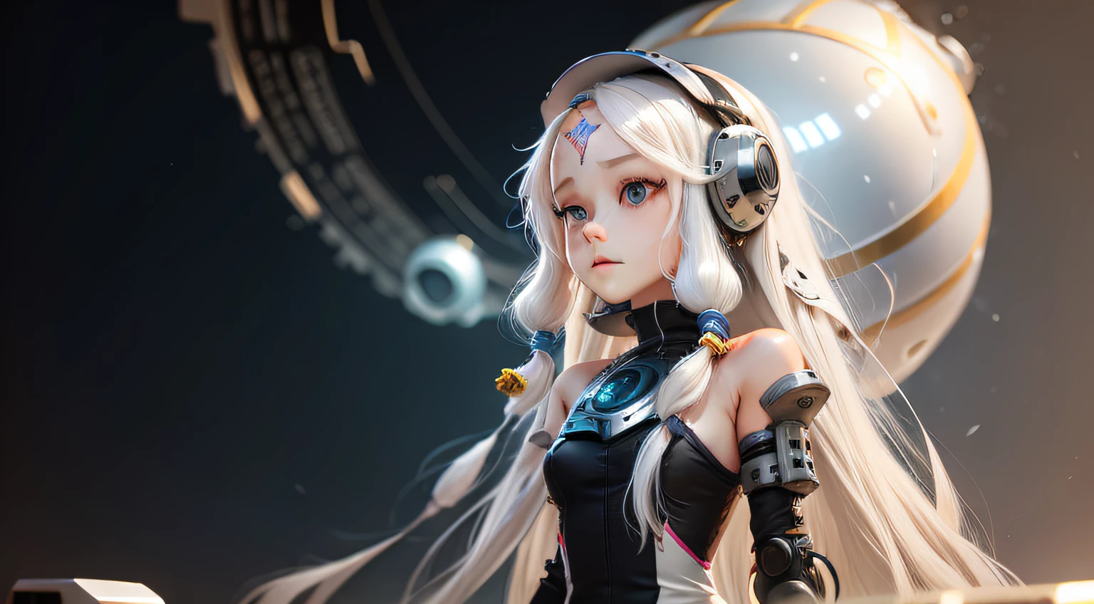 A robotic girl with long white hair and a big pearl in her forehead