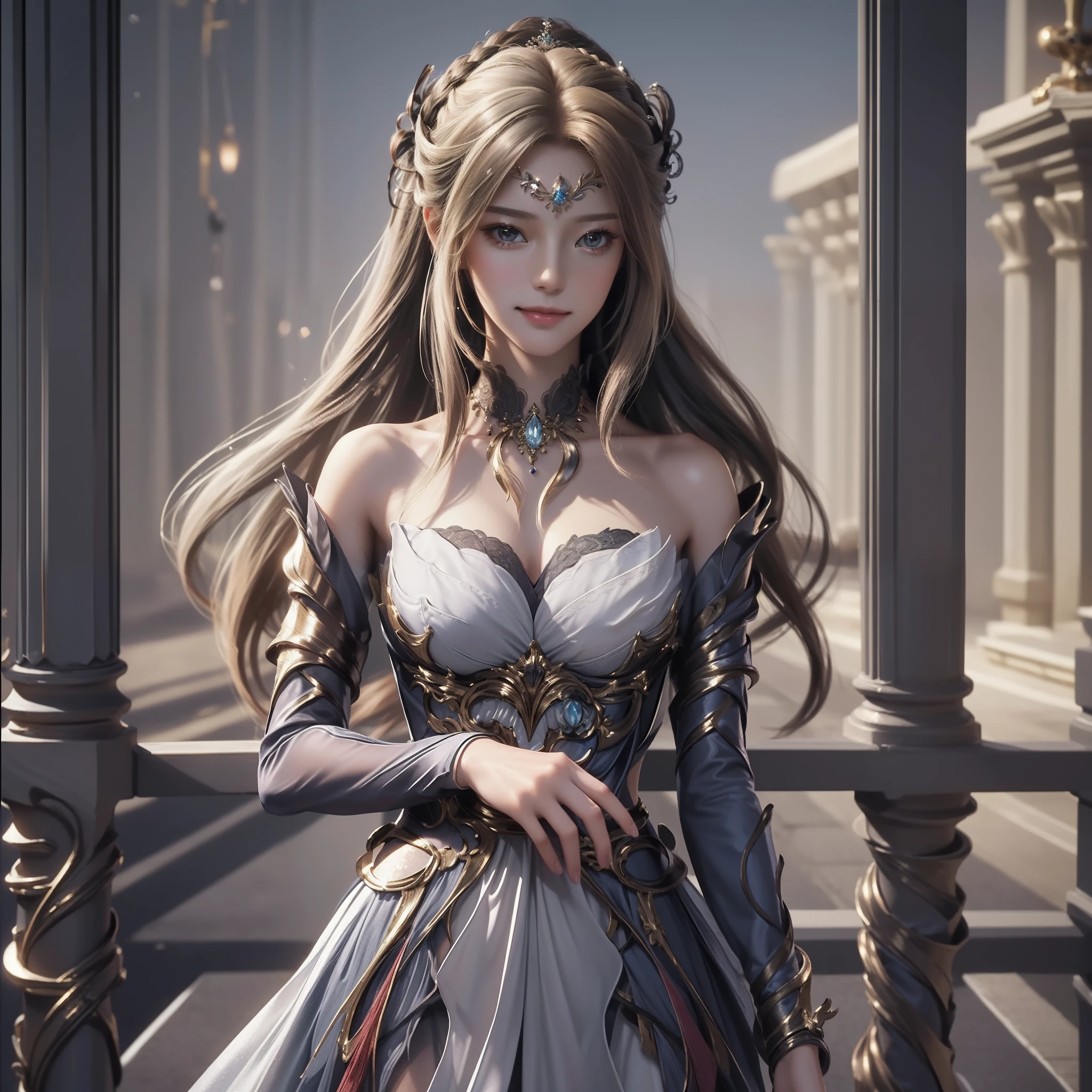 ((Best Picture Quality, 8k, tmasterpiece:1.3)), 1girl, Beautiful woman with slender abs:1.3, (Casual hairstyle), Princess dress:1.1, Ultra-fine face, A detailed eye, 二重まぶた，ssmile，Home