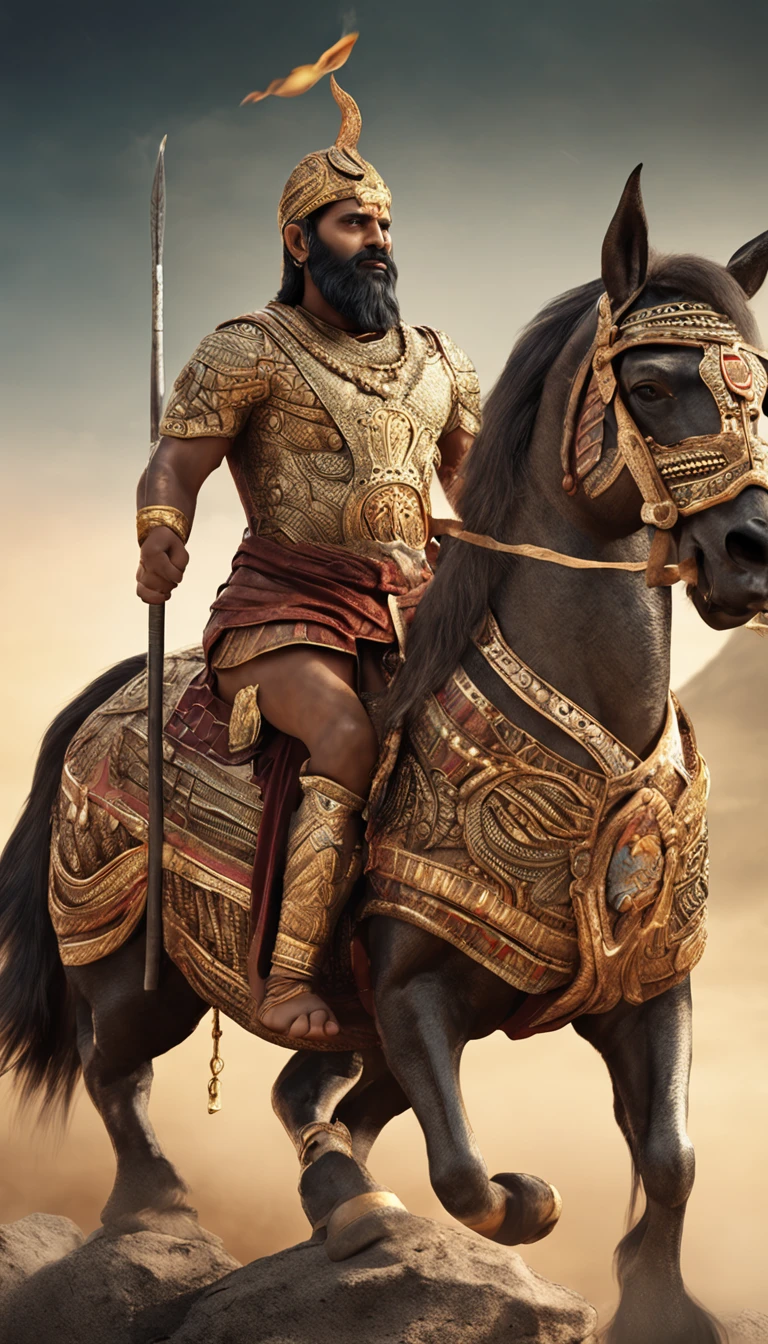 A ancient tamil king ride a horse, facial features are carefully depicted realistic skin texture, sharp mustang and beard, wearing a big golden colour crown, heavy armor of steel, handle a bow and arrow