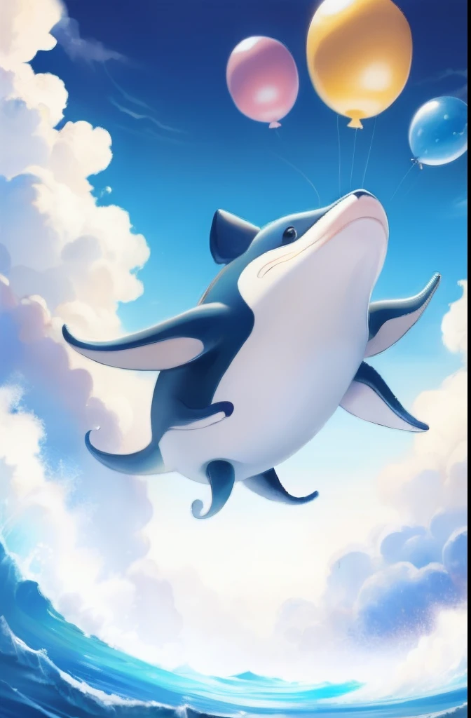 A child, riding a whale, flying in the clouds, balloons, blue sky and white clouds, looking at the camera