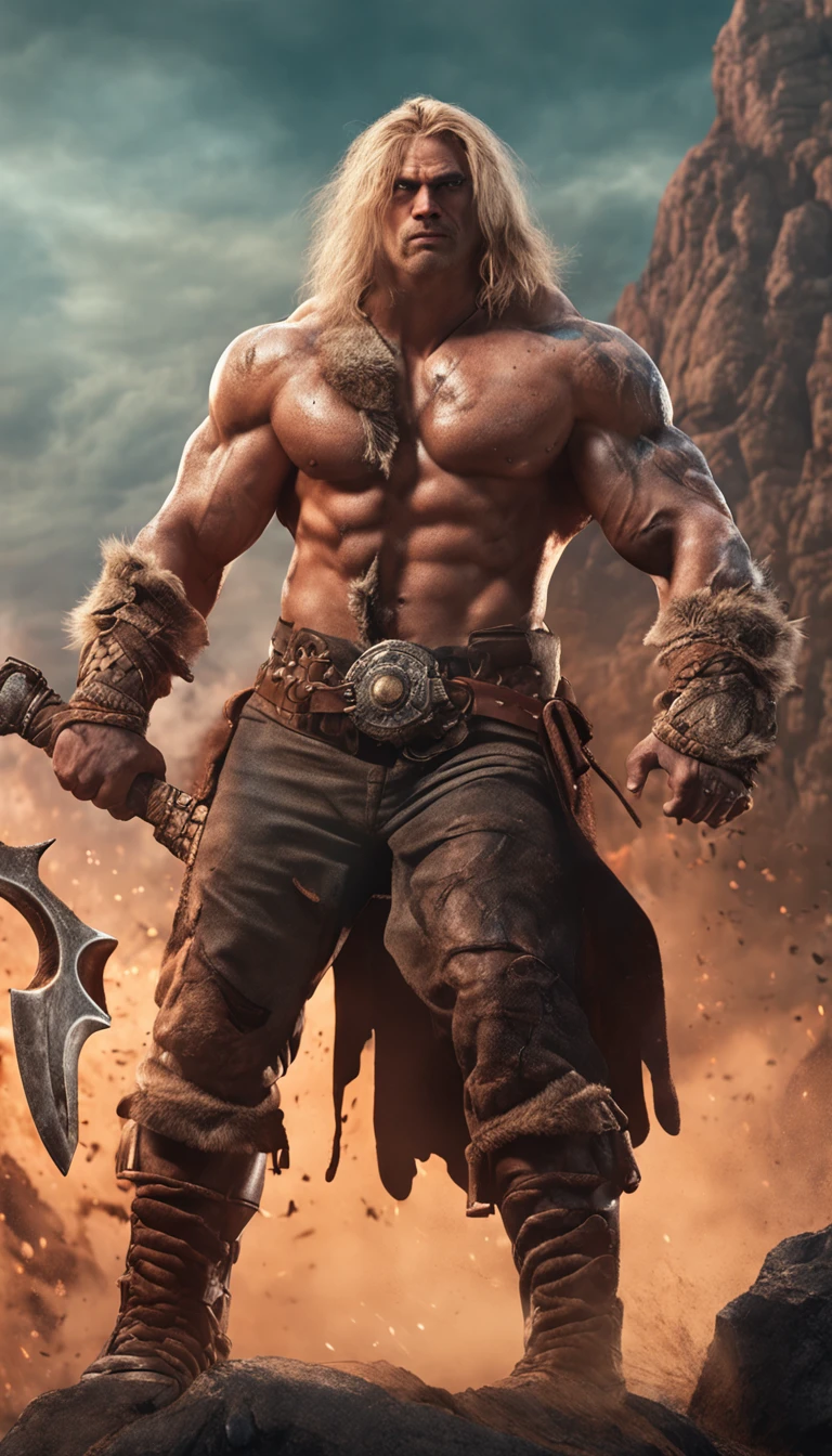 (Outstanding、Professional、Surreal)、muscular barbarian, blonde hair, 1 male, manly, rugged look, Detailed big ax, Metallic texture,