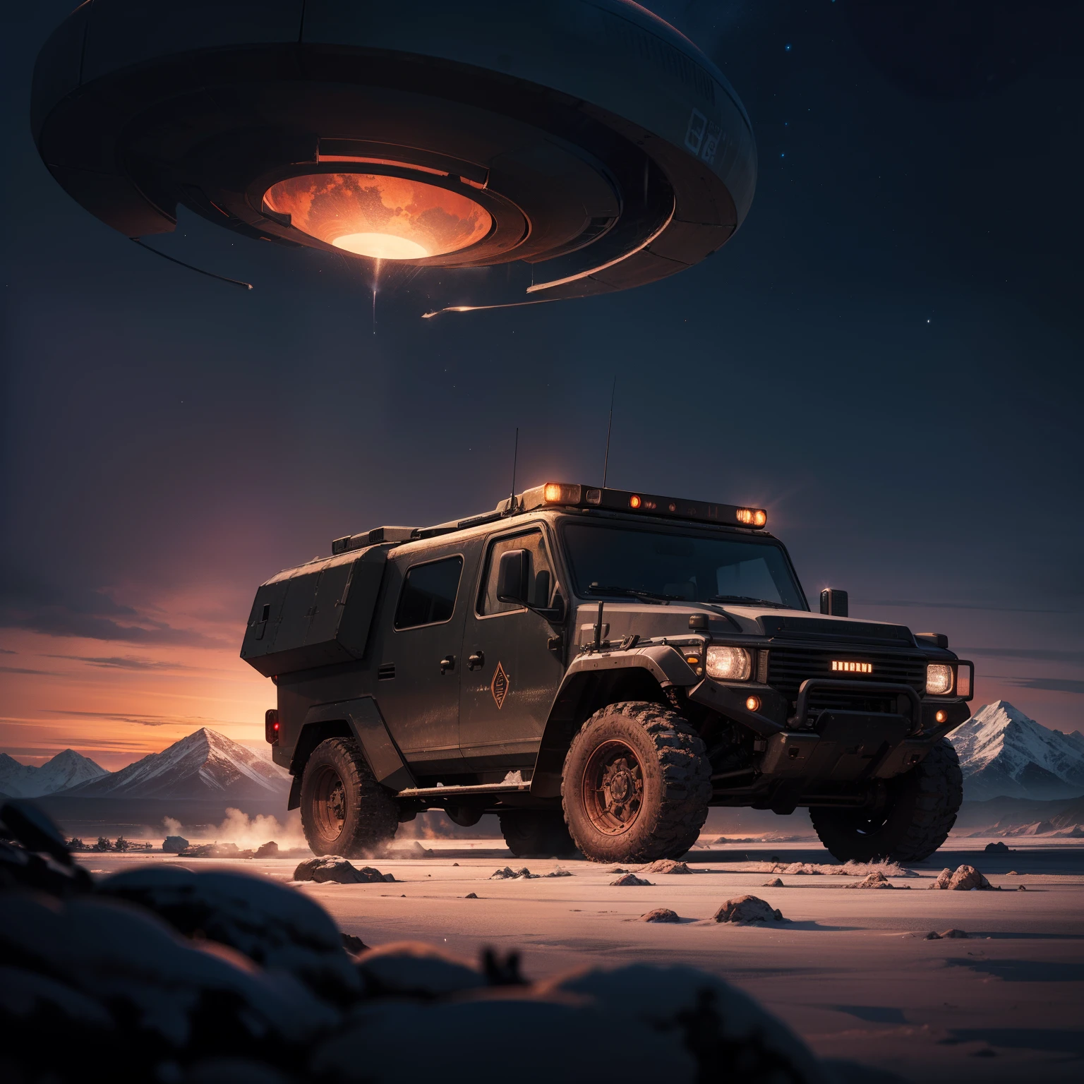 light armored vehicle with cabin, rolling across a frozen plain on an alien planet, wide shot, closeup, mountains in the background, reddish planets in the dark sky, dynamic composition, night shot, high detail, 4k, masterpiece, photorealistic, digital art, science fiction style