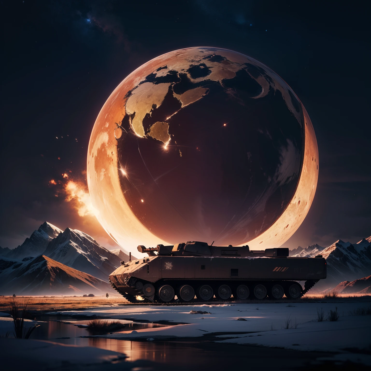 light armored vehicle with cabin, rolling across a frozen plain on an alien planet, wide shot, closeup, mountains in the background, reddish planets in the dark sky, dynamic composition, night shot, high detail, 4k, masterpiece, photorealistic, digital art, science fiction style