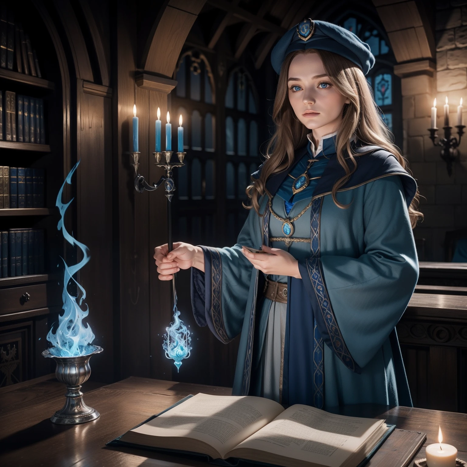 28 Jahre,a beautiful young woman, lange braune geflochtene Haare, hogwarts haus Ravenclaw, langer blauer Umhang, silberne Adlerkette um den Hals, Hogwarts im Hintergrund, holds blue fire in his hand, Hand brennt blau,