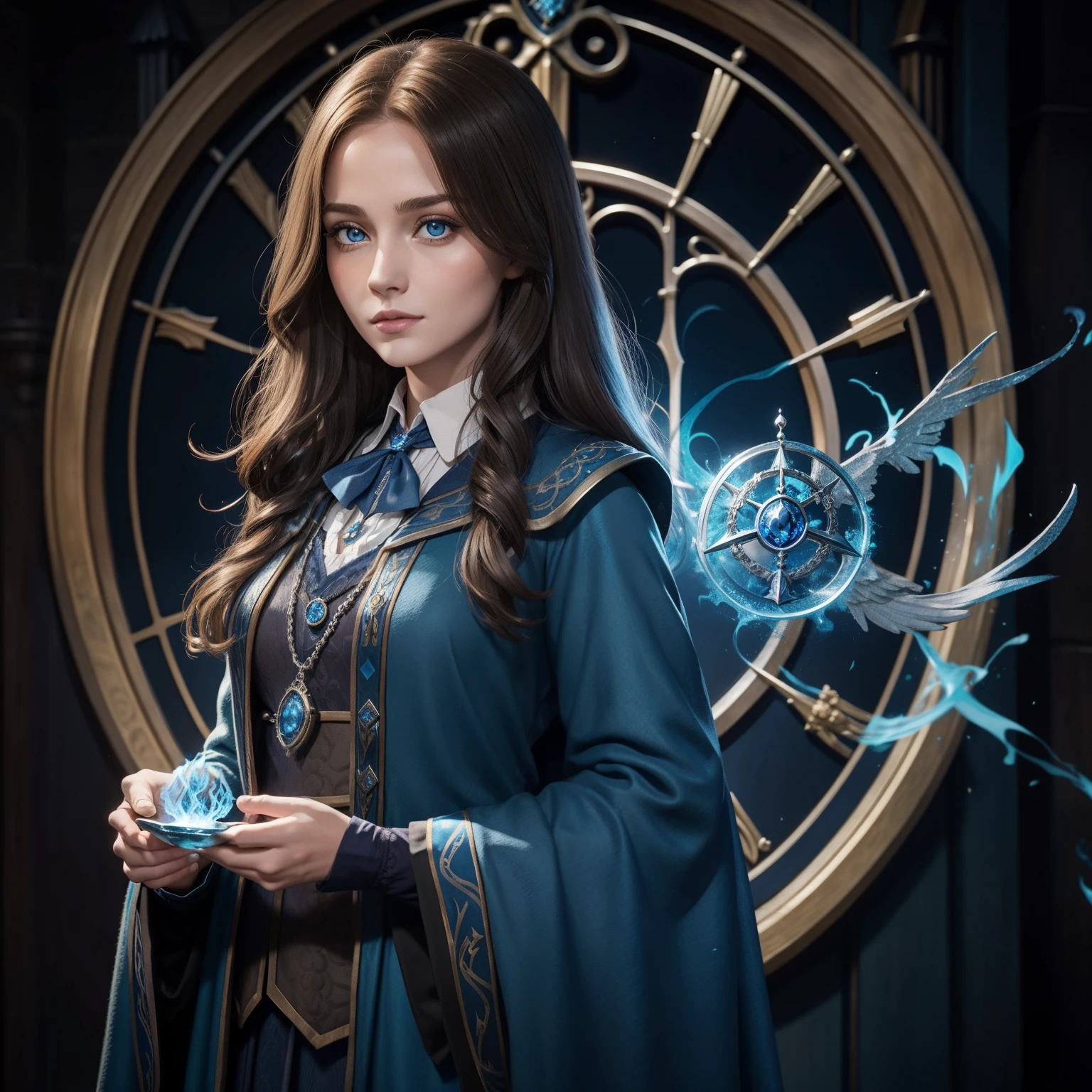 28 Jahre,a beautiful young woman, lange braune geflochtene Haare, hogwarts haus Ravenclaw, langer blauer Umhang, silberne Adlerkette um den Hals, Hogwarts im Hintergrund, holds blue fire in his hand, Hand brennt blau,