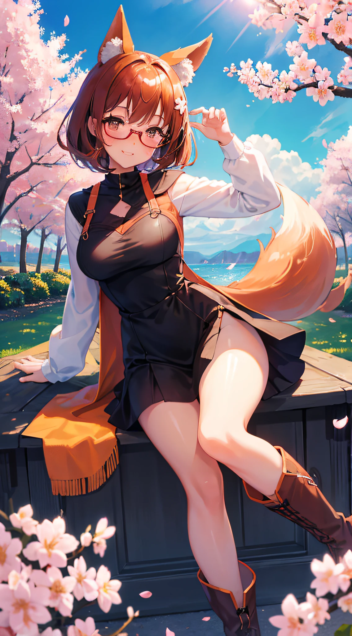 ultra detailed, 1girl, idol pose, (blushing), head tilt, orange fox ears ,paint on cheek, large thighs, boots, fringe, using glasses, winter clothes, Delighted, Happy, black luxury dress , normal breast, beautiful girl, (shiny skin:1.2), brown eyes, (pupils sparkling), brown hair, short hair, elegant, wind, BREAK, flower fields: frame the scene with cherry blossoms petals, cherry blossoms branches, wind, landscape, anime