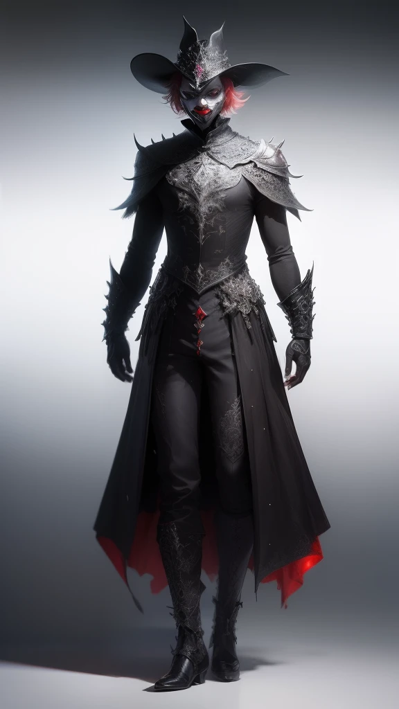 Create full-body digital images in 3D style,Combined with dark fantasy elements. 动态照明,Highlight intricate details. Clear focus and a resolution of at least 4K will ensure a high-quality image. A black background with floating playing cards adds a touch of magic and mystery to the composition. The composition should be perfect. The style of the image should resemble a watercolor, Pastel colors enhance the dark and mysterious atmosphere. The protagonist is a well-portrayed full-body clown, With a striking minimalist mask, No decorations or other details, The shiny silver conveys a mysterious and charming smile, Hide teeth. At the top of the mask, A huge red gemstone stands out. The clown wears a unique and simple black clown suit,With white details, There is also a batwing hat,Adding a touch of mystery..