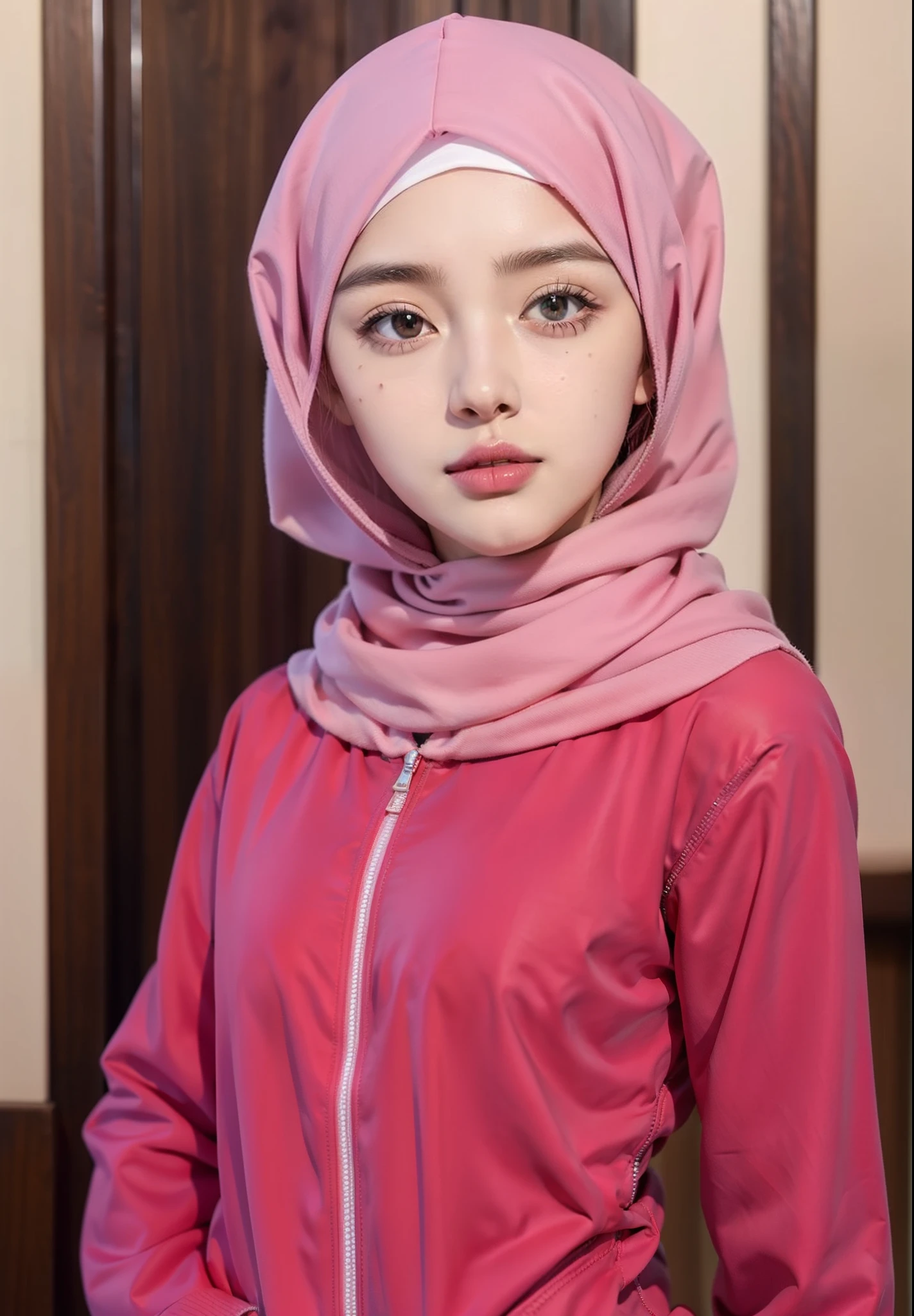 Real life adaption of this character,(she is wearing realistic pink hijab),wearing realistic red maroon sport jacket with white Zipper,Korean teen cute face,hyper realistic,realistic light,realistic shadow,(photorealistic:1.2),realism,realistic skin,realistic beautiful eye