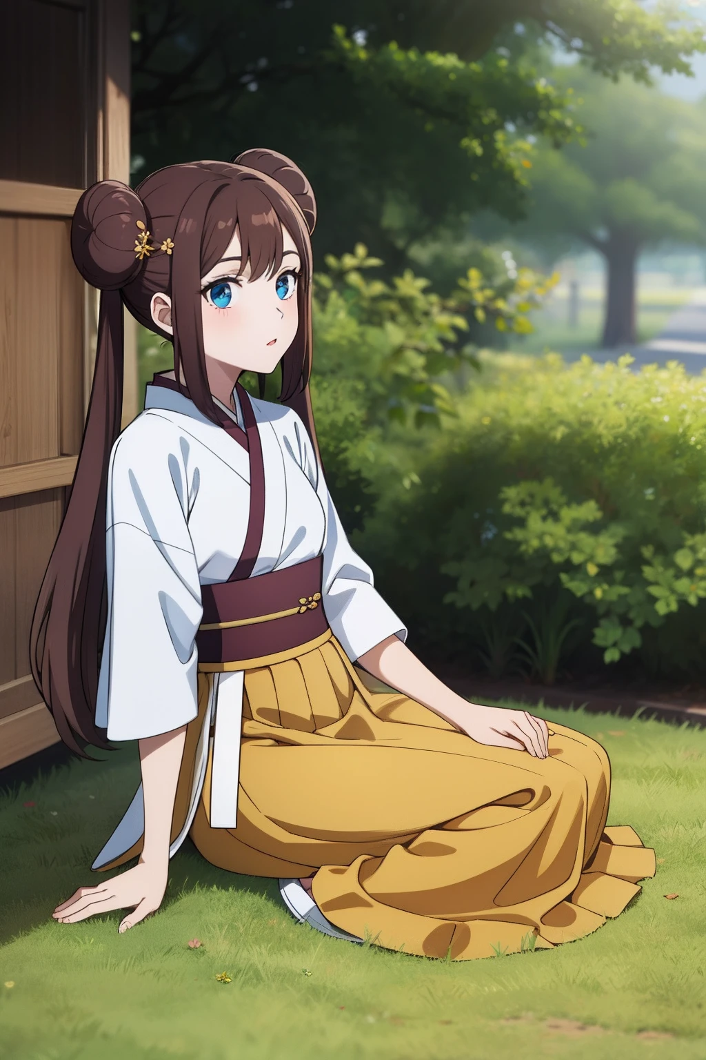 ro1, hair bun, twintails, long hair, hair ornament, long skirt, blue eyes:1.5, hanfu, tang style, full body, sitting on ground, perfect eyes:1.2, detailed eyes:1.4, masterpiece, best quality,
