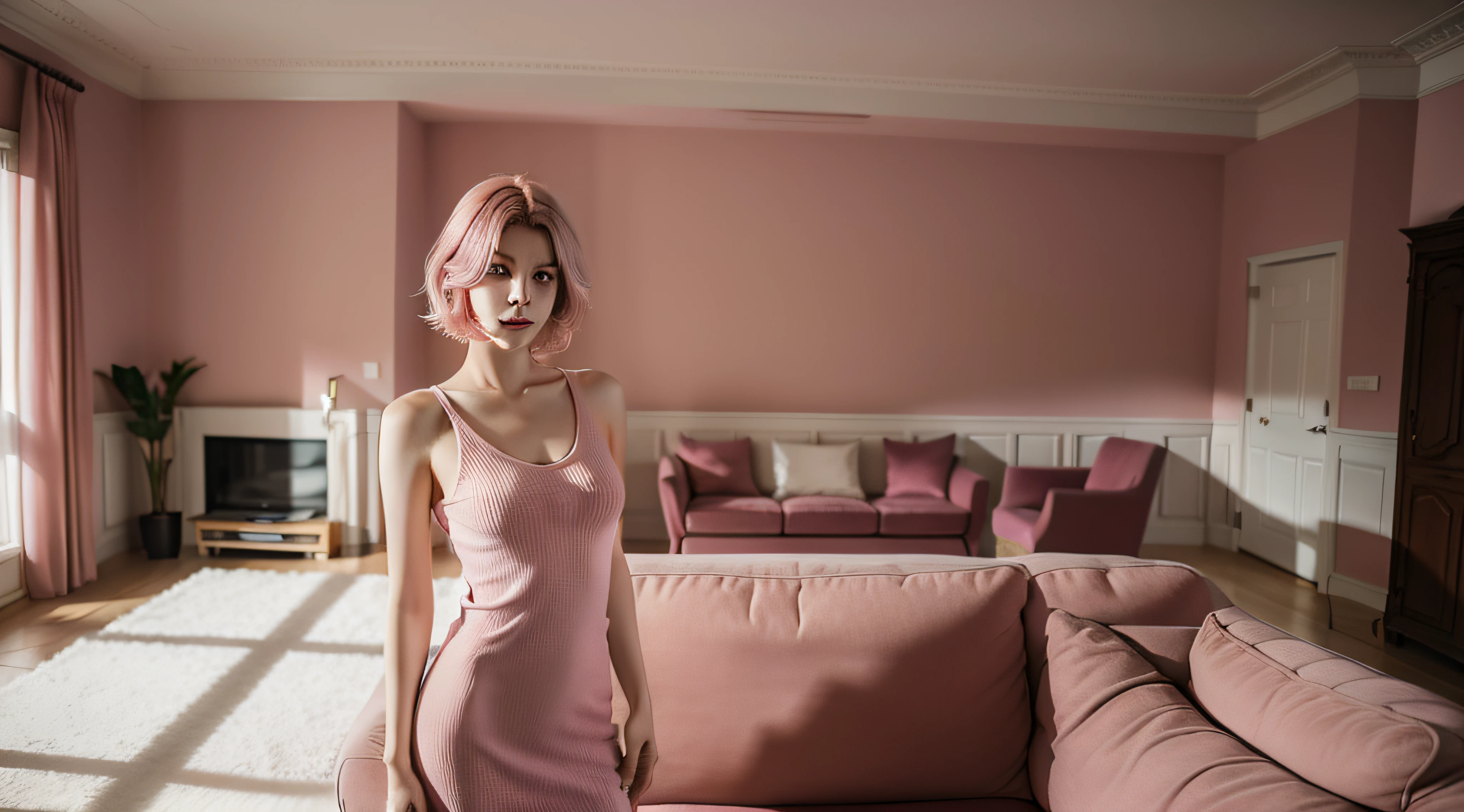 photo of a woman standing in living room,  , shows all her body , thinking, with short pink hair, jovana rikalo, young business woman, full body, with pink hair, high quality portrait , aleksandra waliszewska