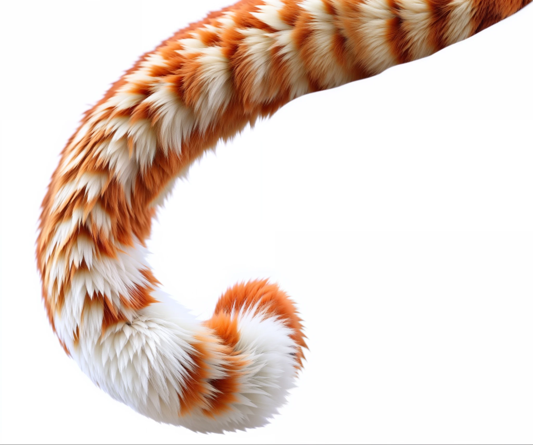 There is a cat tail,The tail is orange and white, Cat tail, tail slightly wavy, Furry tail, Tail, thick fluffy tail, with tail, thick tail, Fluffy tail, Lemur's tail, a cat tail!, large tail, attached tail, bushy tail