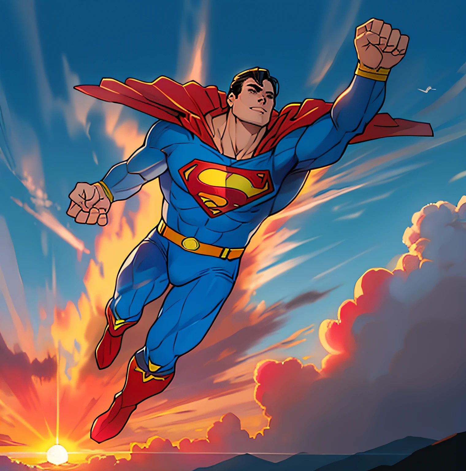 Superman voando, blue skies, arte colorida, 4K, nuvens, sunset illumination, ultra k, arte de tanino liberatore, quadrinho,