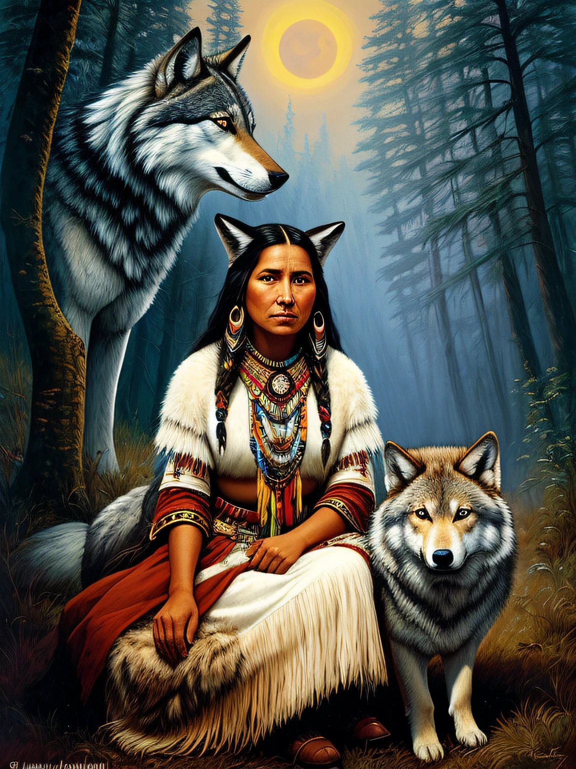 painting of a native woman sitting in front of a wolf, : native american shamen fantasy, wolfgirl, ( art fitzpatrick ), native american art, by Howard Lyon, by Cindy Wright, native american, year 2 3 0 0, wolves and their treasures, wolves, by Stan Stokes, 3 0, illustrative, stunning woman, by Eddie Mendoza