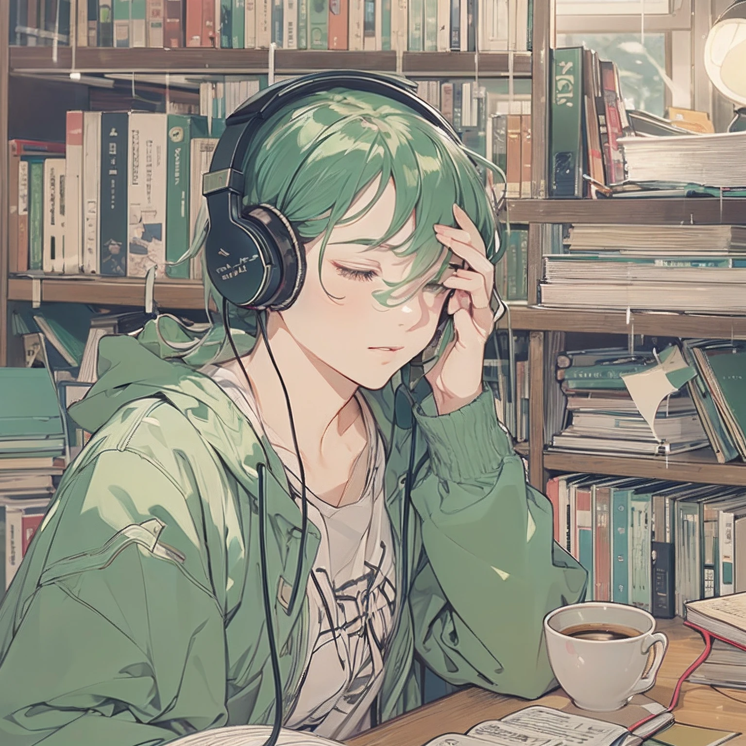 ((lo fi music for study: 1.3) +(japanese aesthetic: 1.1))e(auto-estudo:0.9),Minimalista, Ambiente, cores silenciadas,peaceful, Relaxed, aconchegante,calmo,ritmo lento,conducive for concentration,reconfortante, night time, livro aberto, coffee cup, desk lamp, light rain outside,estudante, green colour headphones on head,leitura, produtivo.