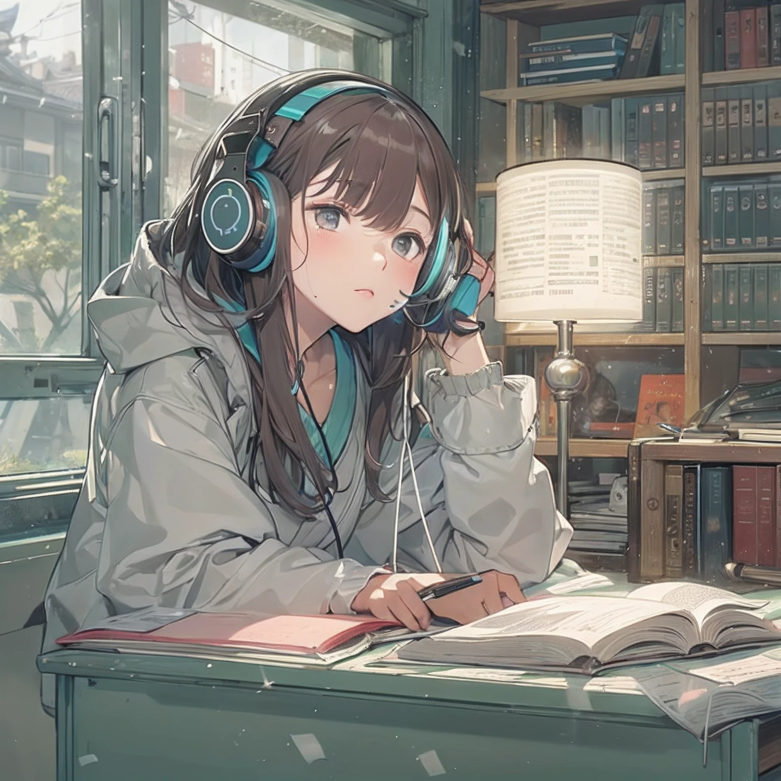 ((lo fi music for study: 1.3) +(japanese aesthetic: 1.1))e(auto-estudo:0.9),Minimalista, Ambiente, cores silenciadas,peaceful, Relaxed, aconchegante,calmo,ritmo lento,conducive for concentration,reconfortante, night time, livro aberto, coffee cup, desk lamp, light rain outside,estudante, green colour headphones on head,leitura, produtivo.
