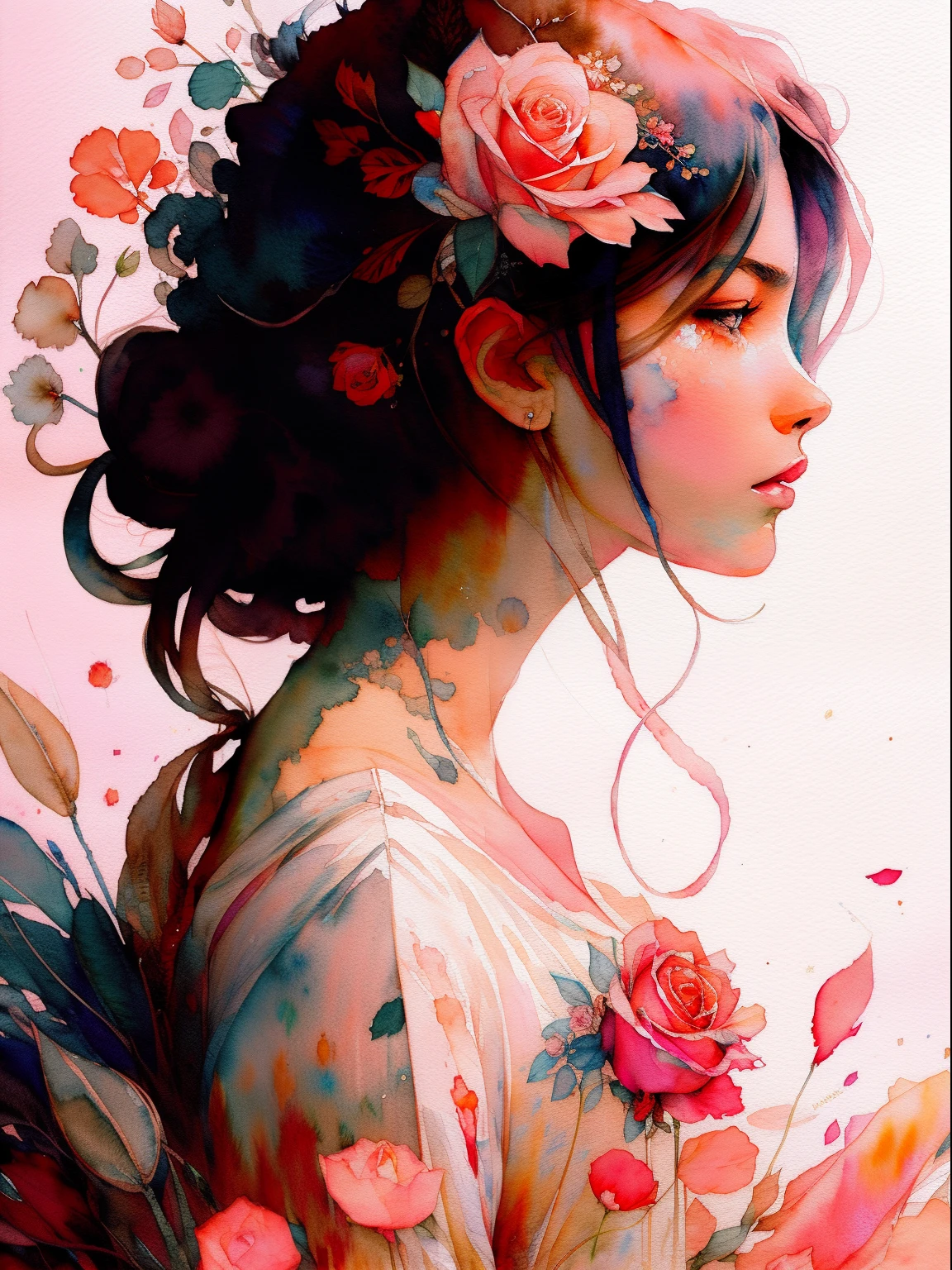 wtrcolor style, digital art of (rose), official art, blown by the wind, masterpiece, beautiful, ((watercolor)), paint splatter, intricate details. Great detail, [dripping:0.5], trending on Artstation, Rachel Walker