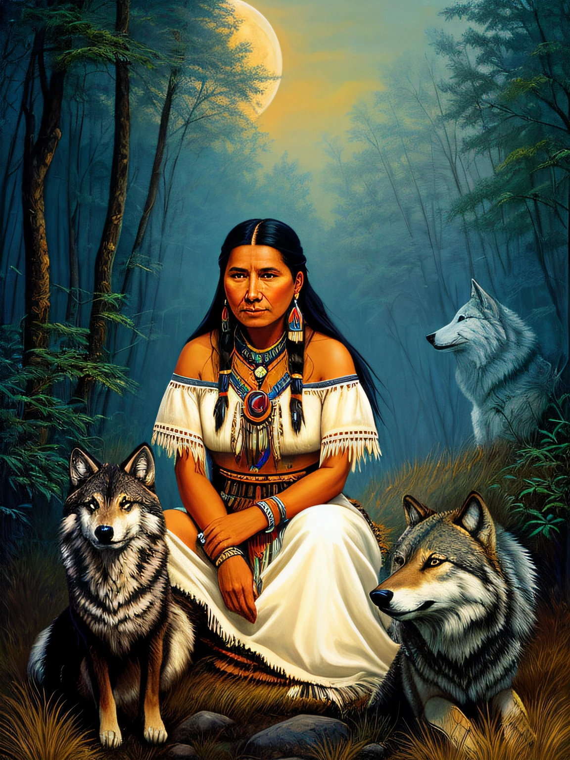 painting of a native woman sitting in front of a wolf, : native american shamen fantasy, wolfgirl, ( art fitzpatrick ), native american art, by Howard Lyon, by Cindy Wright, native american, year 2 3 0 0, wolves and their treasures, wolves, by Stan Stokes, 3 0, illustrative, stunning woman, by Eddie Mendoza