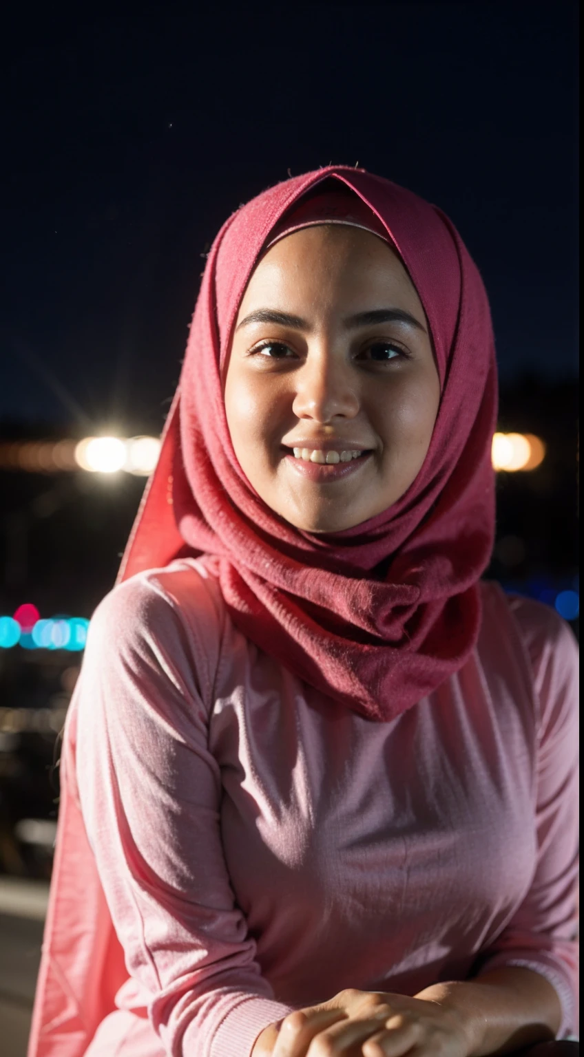 night scene, close up photo of a sexy malay girl with hijab, posing, look at a camera and smile, seating, pink pastel hijab, (green eyes:0.8), cute young face, 18 yo, soft volumetric lights, (backlit:1.3), (cinematic:1.3), intricate details, (ArtStation:1.2)