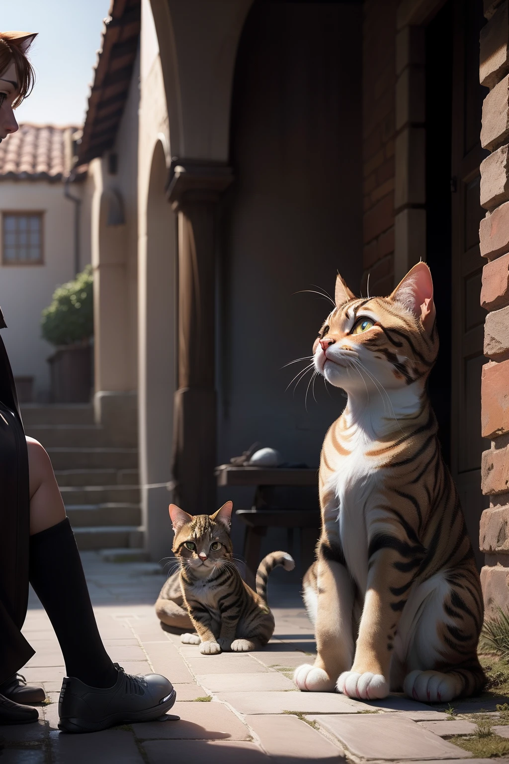 A very dynamic scene. The tabby cat is sniffing the alien in front of him, very carefully, surprised, super-realistic, cinematic. Blurred background of a village courtyard with a UFO, light haze.