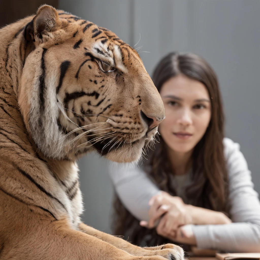 tigre humano, em frente a um computador