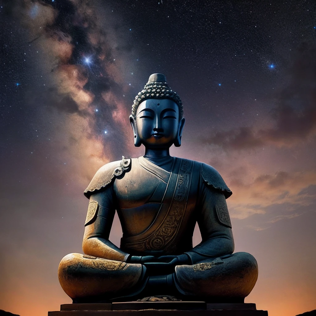 Buddhist statue, Surrounded by an aura of divine light, Deep Trance State, sky, star \(sky\), starry sky, trance meditation