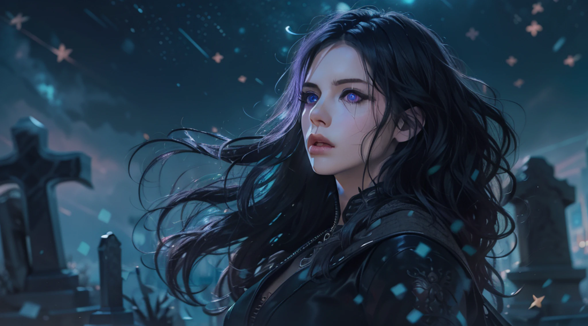 Mulher bonita que lembra《O Bruxo》Yennefer em ，Long black hair and violet eyes as bright as constellations, tmasterpiece, hiper qualidade, 8k, Her hair fell over her shoulders, The background is a cemetery, Ela usava terno preto e gravata.....