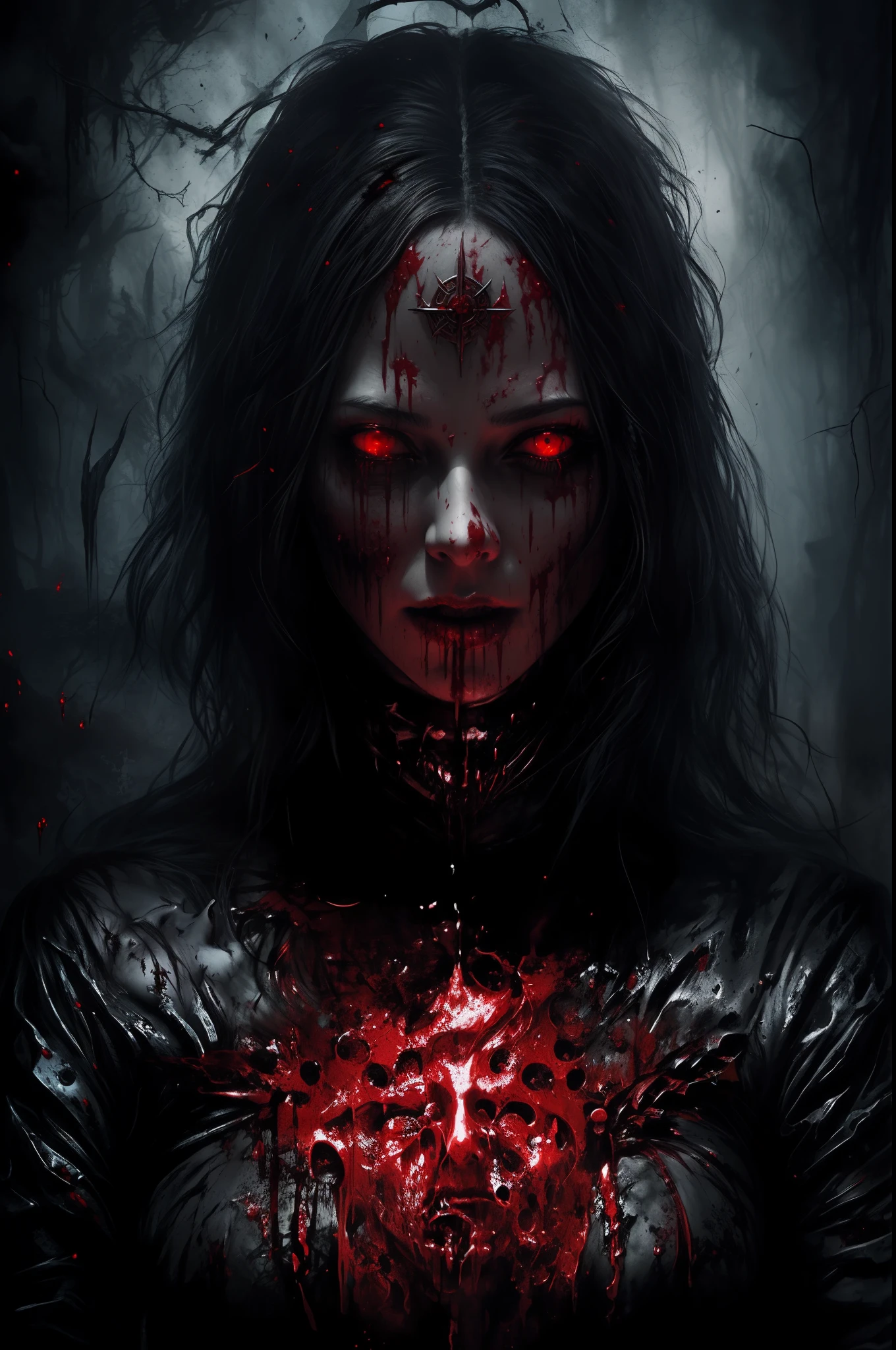 arafed image of a woman with blood on her face and hands, detailed 4k horror artwork, dark fantasy horror art, dark but detailed digital art, bloody + concept art, horror fantasy art, fantasy horror art, just art for dark metal music, in style of dark fantasy art, dark fantasy style art, horrific digital art, dark fantasy digital art