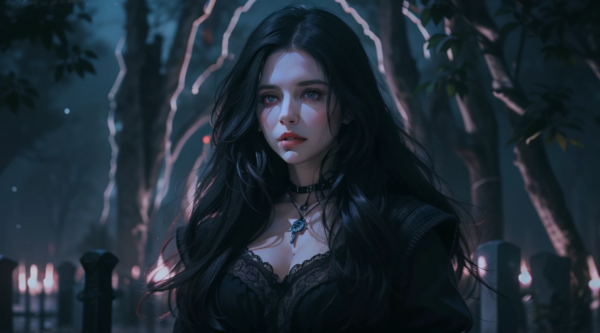 Mulher bonita que lembra《O Bruxo》Yennefer em ，Long black hair and violet eyes as bright as constellations, tmasterpiece, hiper qualidade, 8k, Her hair fell over her shoulders, The background is a cemetery, Ela usava terno preto e gravata.....