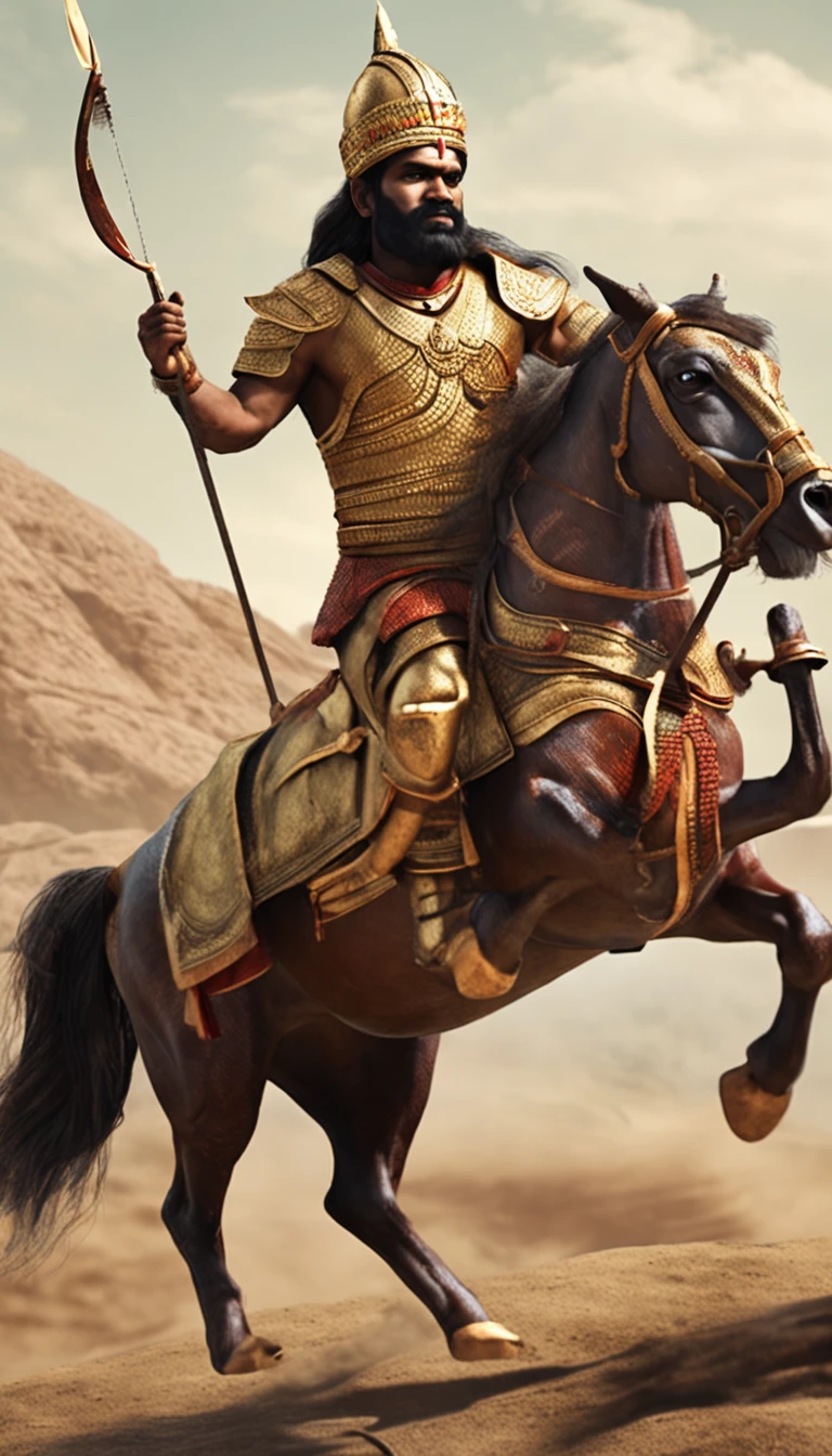 PA ancient tamil king ride a horse, facial features are carefully depicted realistic skin texture, sharp mustang, wearing a  golden colour crown, heavy armor of steel, handle a bow and arrow like archery