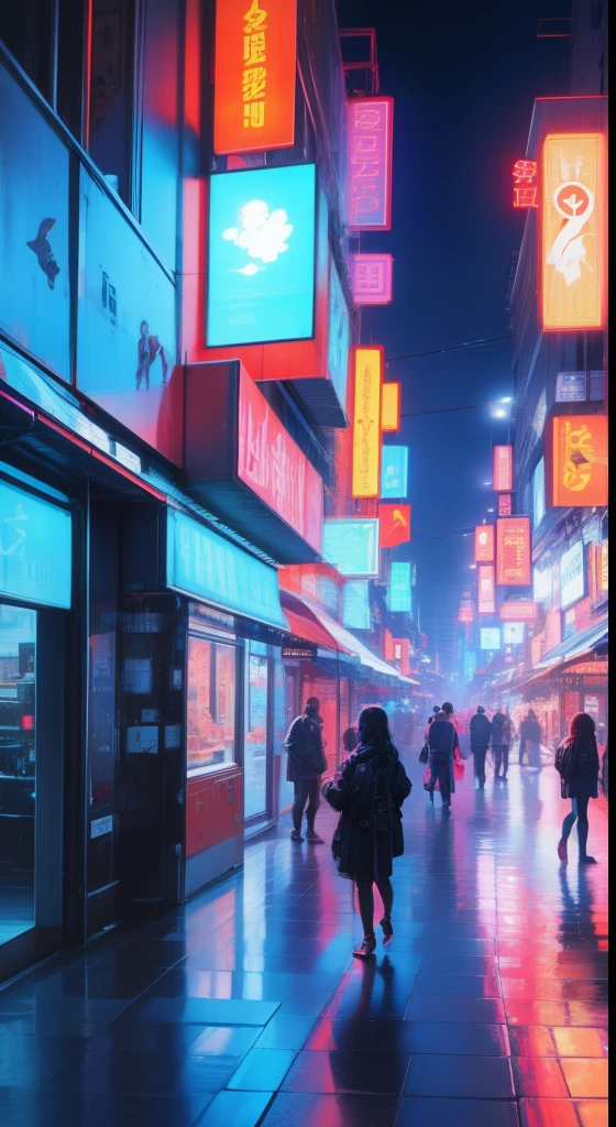 Expansive cityscape of towering cyberpunk architecture, Be illuminated by a row of brilliant neon lights.