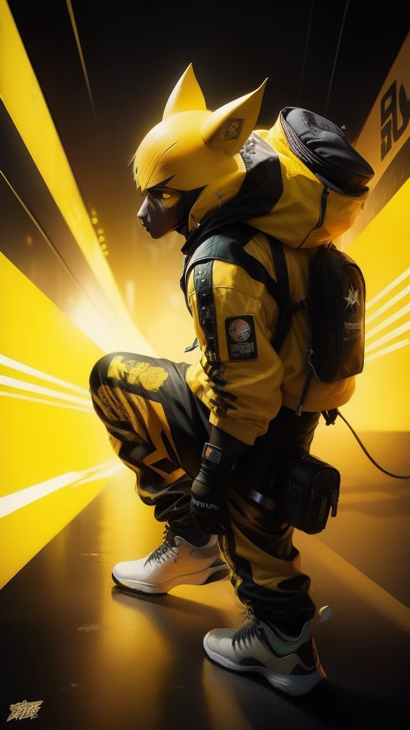 Yellow star character in streetwear, air brush art