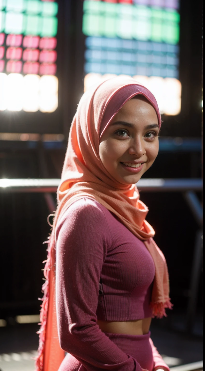 night scene, close up photo of a sexy malay girl with hijab, posing, look at a camera and smile, seating, pink pastel hijab, (green eyes:0.8), cute young face, 18 yo, soft volumetric lights, (backlit:1.3), (cinematic:1.3), intricate details, (ArtStation:1.2)
