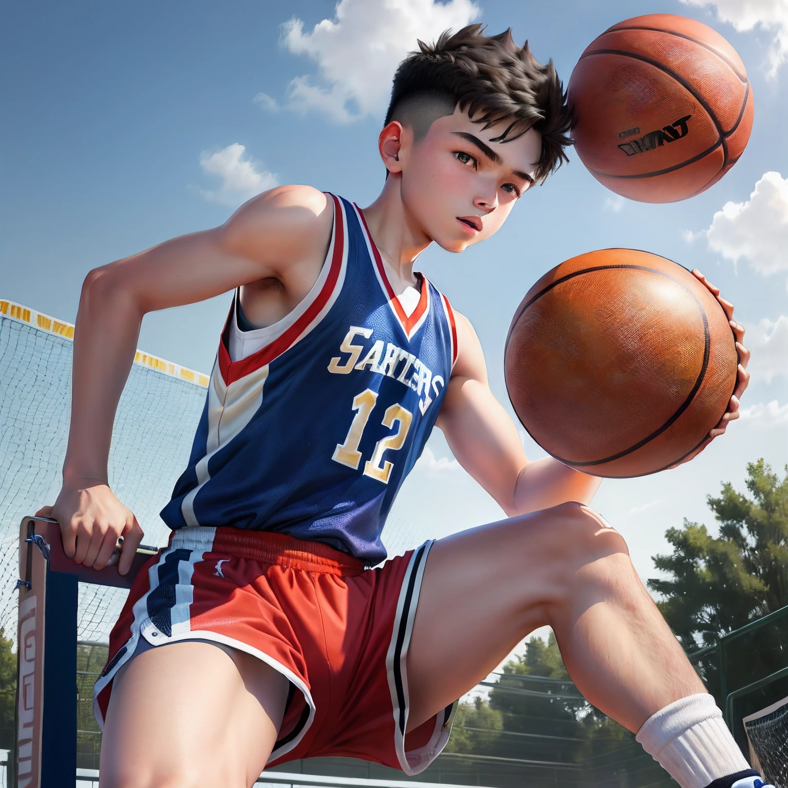 Shorts tank top teenager,ar old,strong,perspire,basketball playground,Male male,perspire,basketball playground,spring breeze